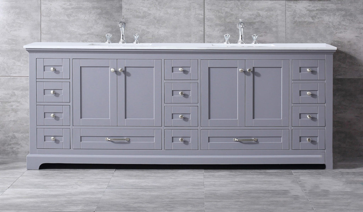 Dukes 84" Dark Grey Double Vanity, White Quartz Top, White Square Sinks and no Mirror