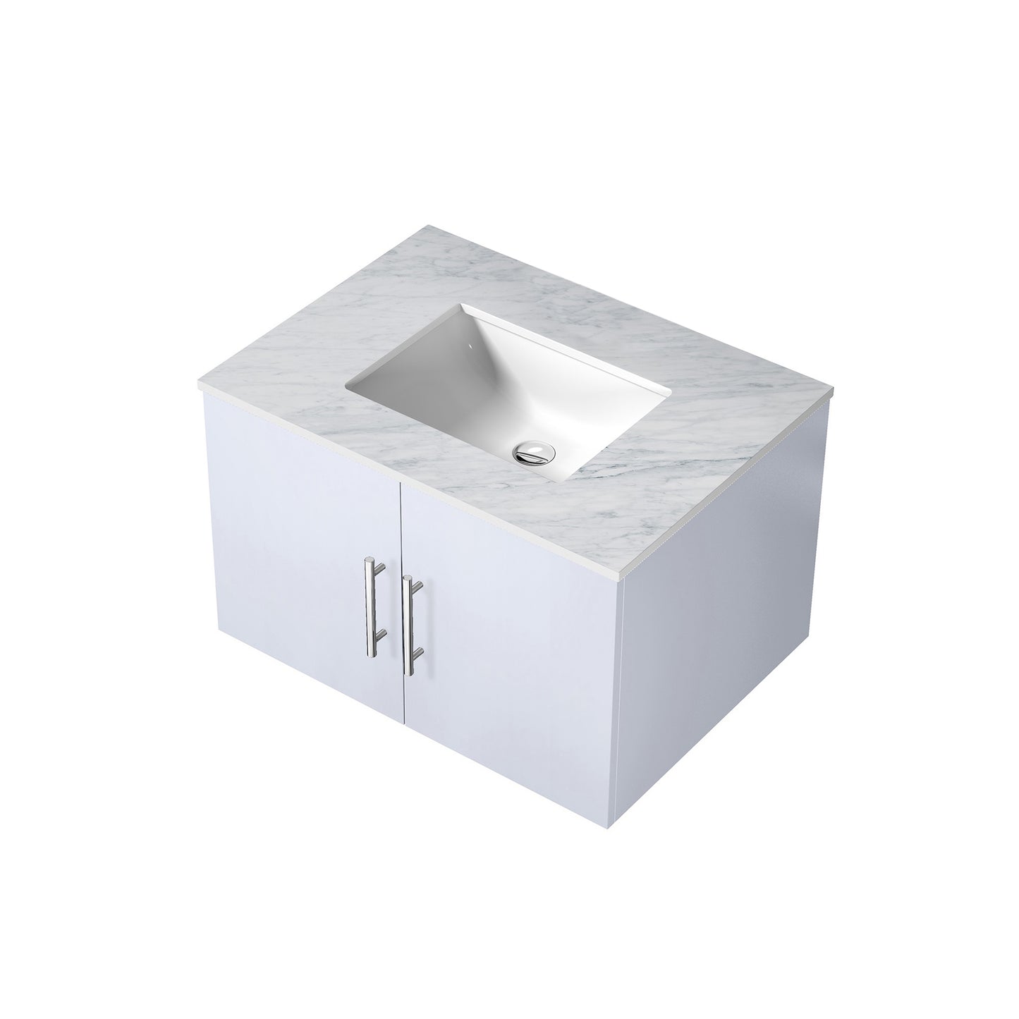 Geneva 30" Glossy White Single Vanity, White Carrara Marble Top, White Square Sink and no Mirror