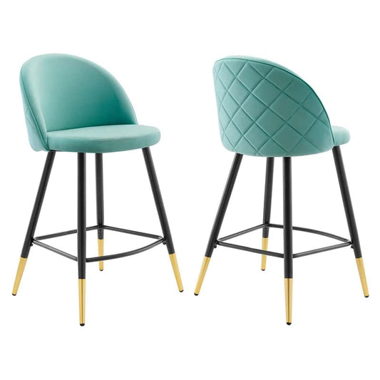 Modway Cordial Performance Velvet Dining Counter Stools in Mint - Set of 2