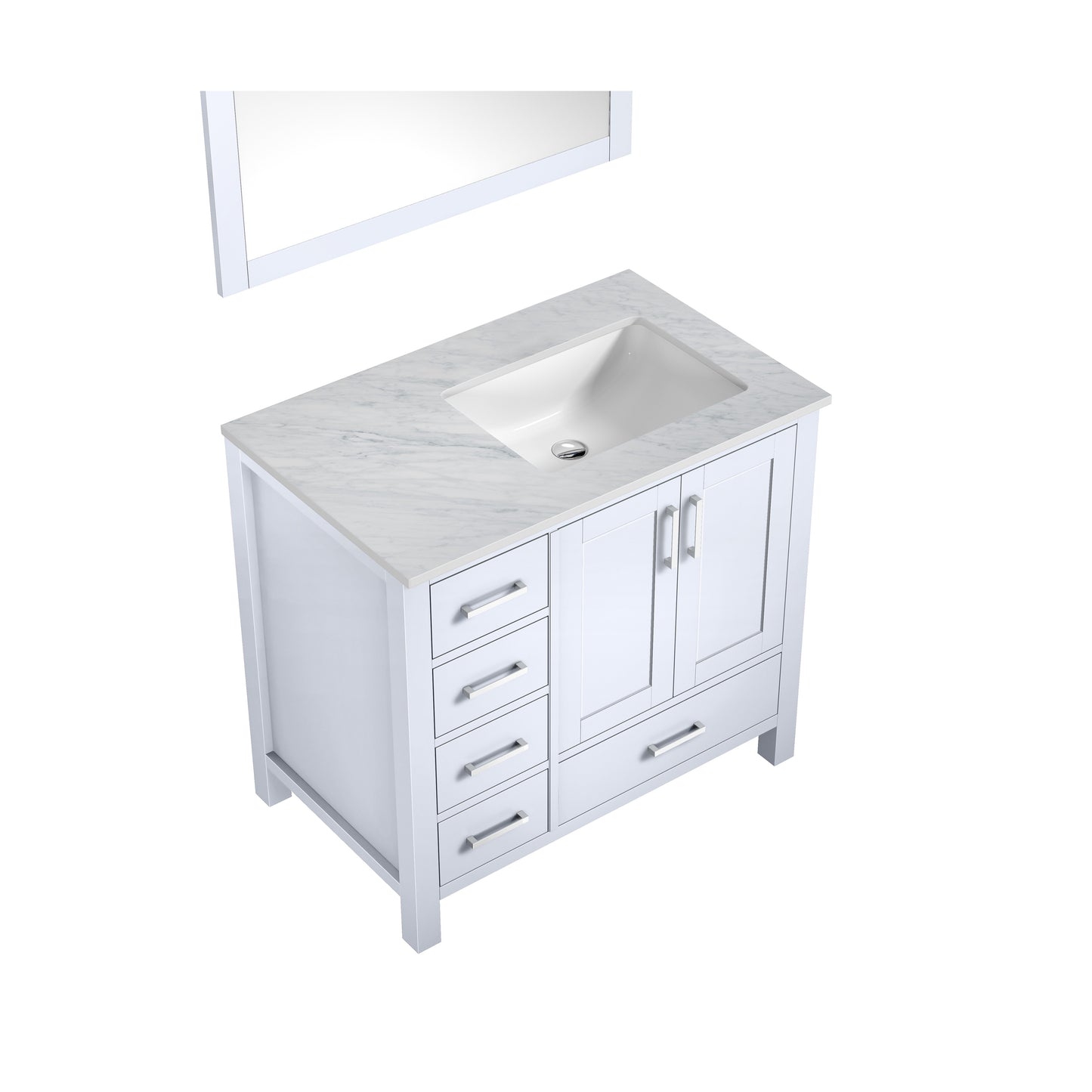 Jacques 36" White Single Vanity, White Carrara Marble Top, White Square Sink and 34" Mirror - Right Version