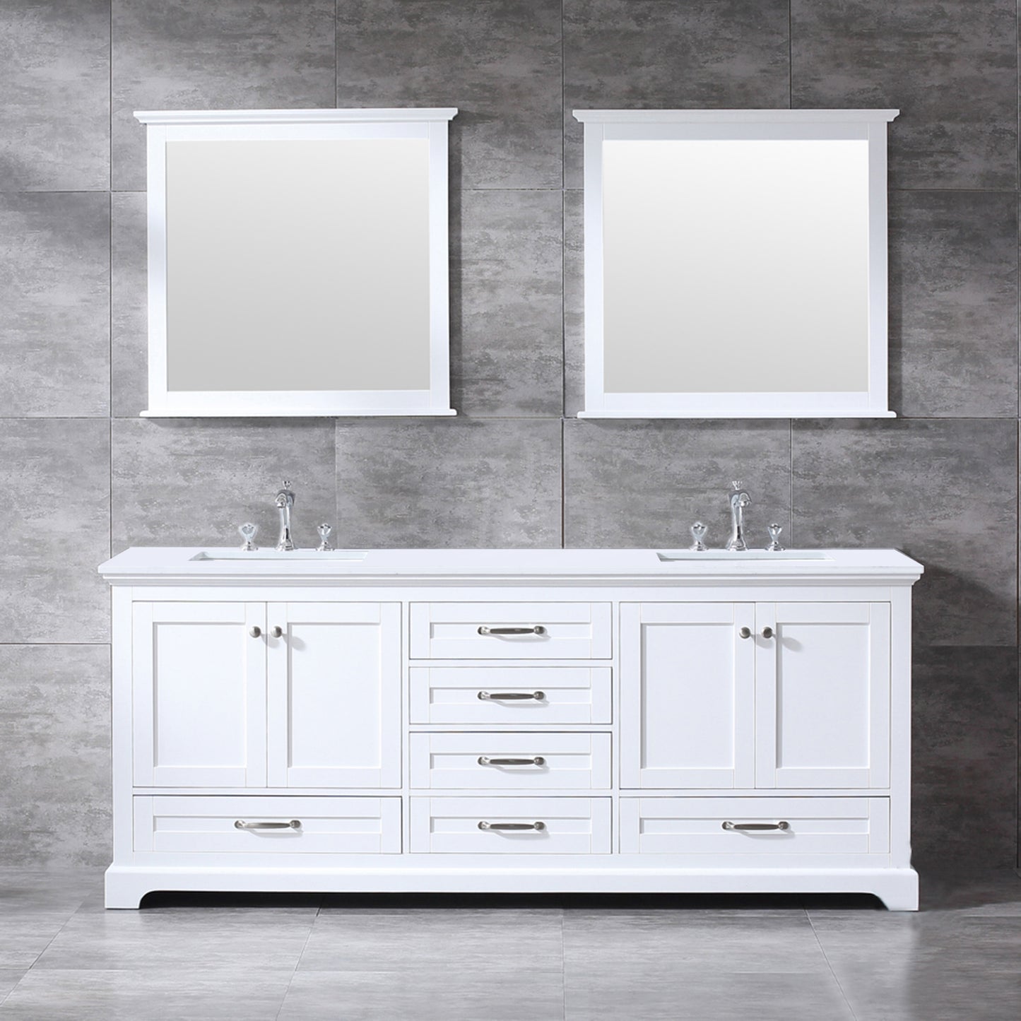 Dukes 80" White Double Vanity, White Quartz Top, White Square Sinks and 30" Mirrors