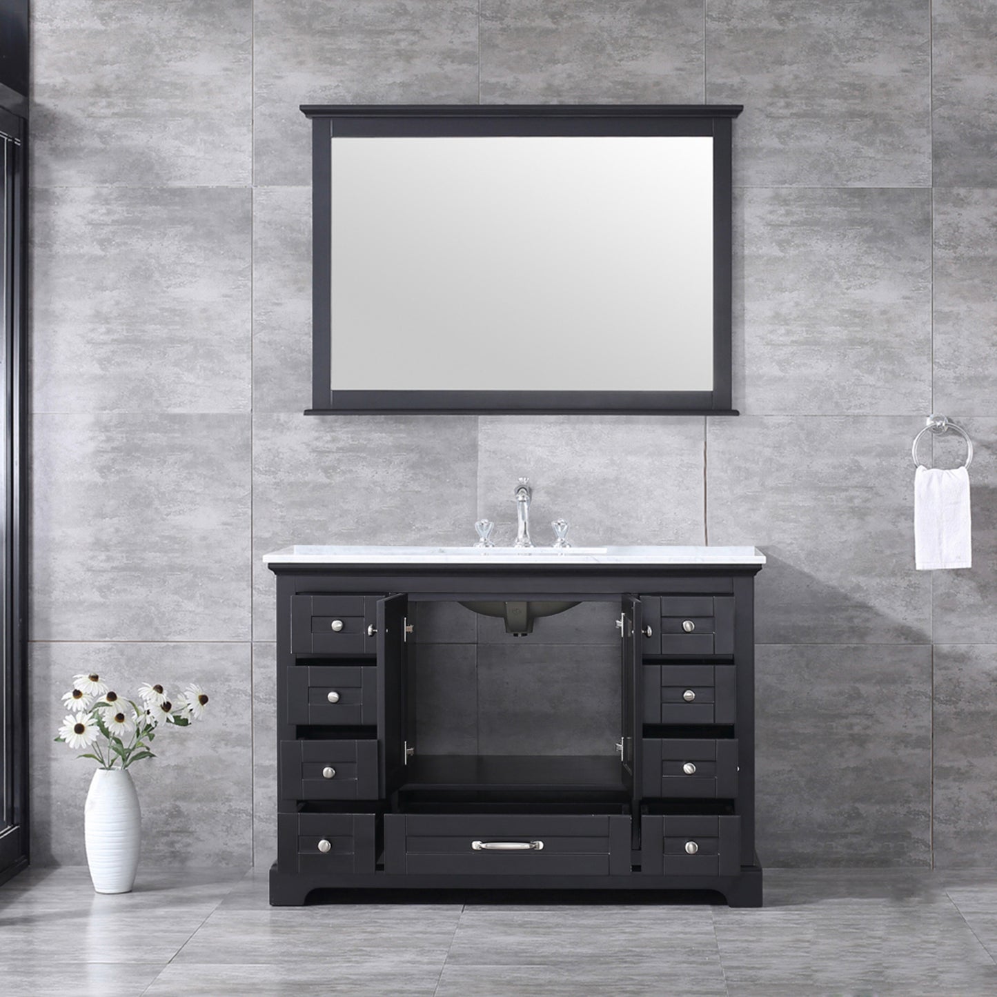 Dukes 48" Espresso Single Vanity, White Carrara Marble Top, White Square Sink and 46" Mirror w/ Faucet