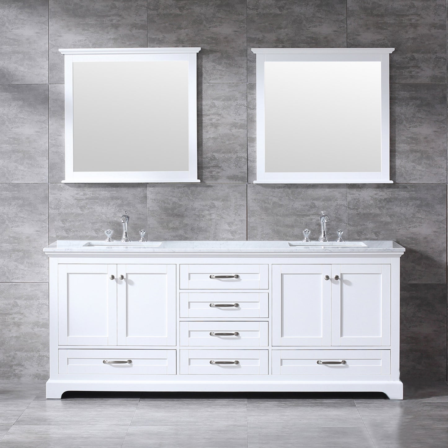 Dukes 80" White Double Vanity, White Carrara Marble Top, White Square Sinks and 30" Mirrors w/ Faucets