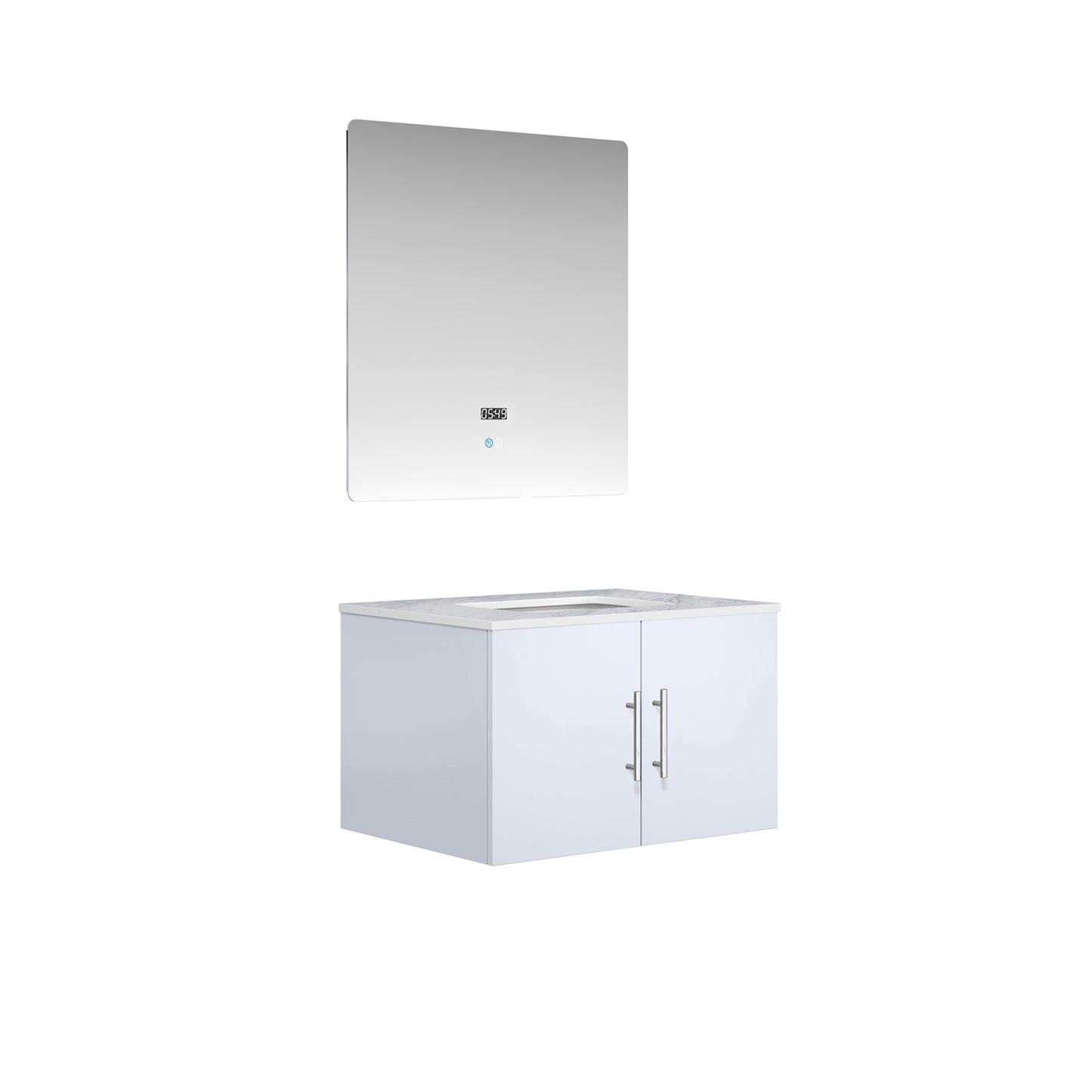 Geneva 30" Glossy White Single Vanity, White Carrara Marble Top, White Square Sink and 30" LED Mirror