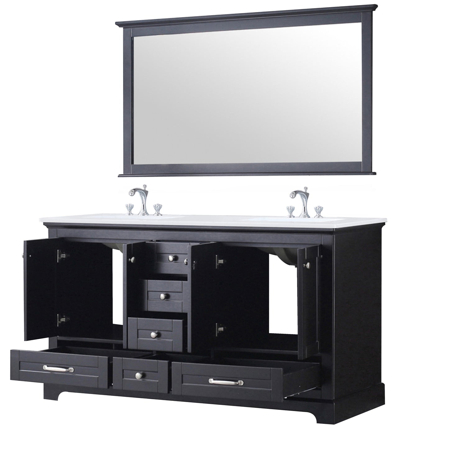 Dukes 60" Espresso Double Vanity, White Quartz Top, White Square Sinks and 58" Mirror