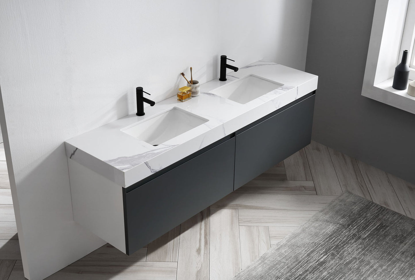 MANAROLA 72” DARK GRAY WITH THICK QUARTZ WALL MOUNT MODERN BATHROOM VANITY