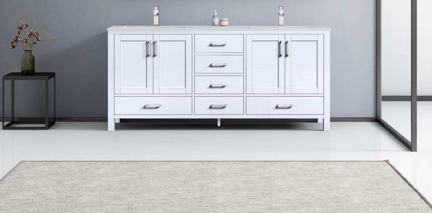 Jacques 72" White Double Vanity, White Quartz Top, White Square Sinks and no Mirror