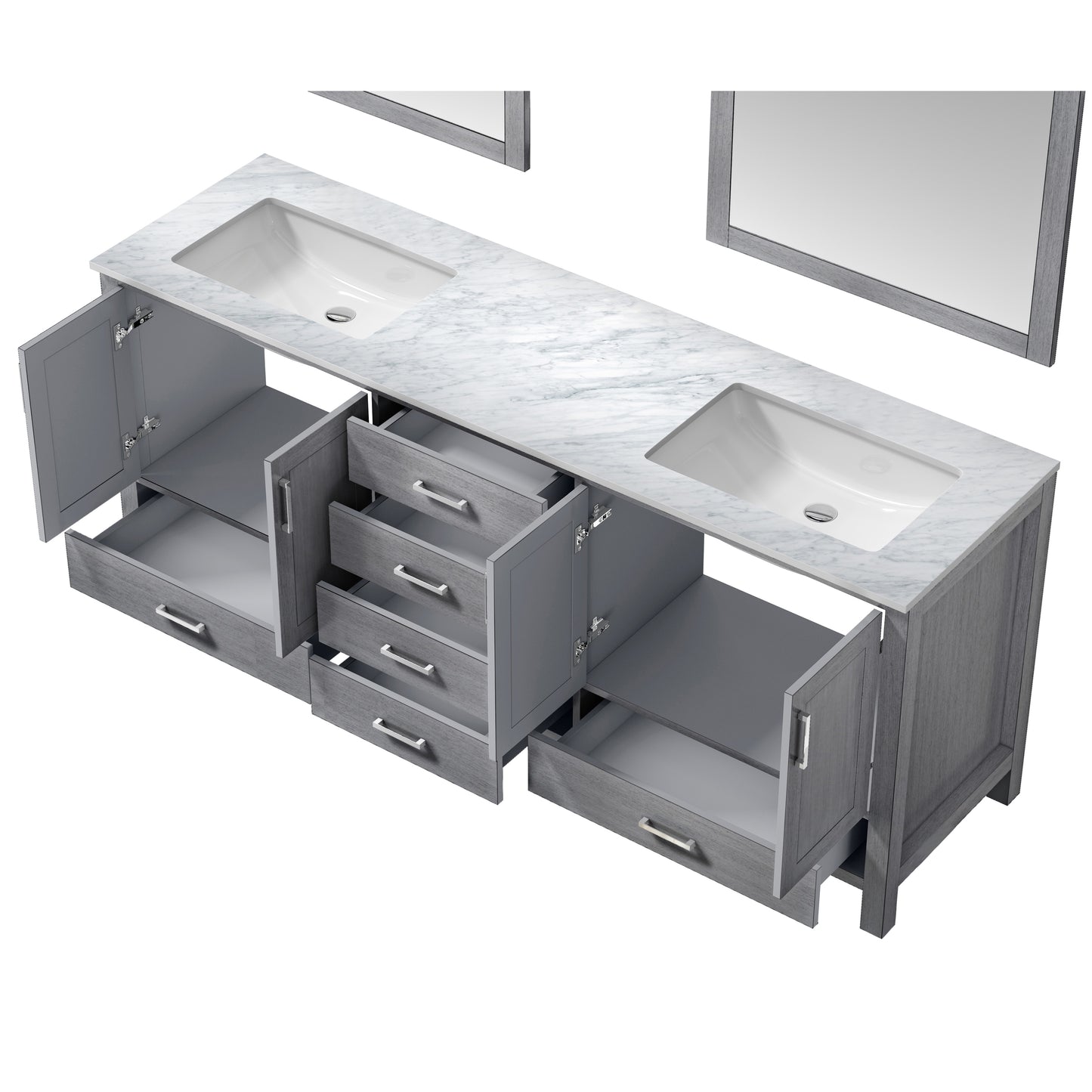 Jacques 80" Distressed Grey Double Vanity, White Carrara Marble Top, White Square Sinks and 30" Mirrors w/ Faucets