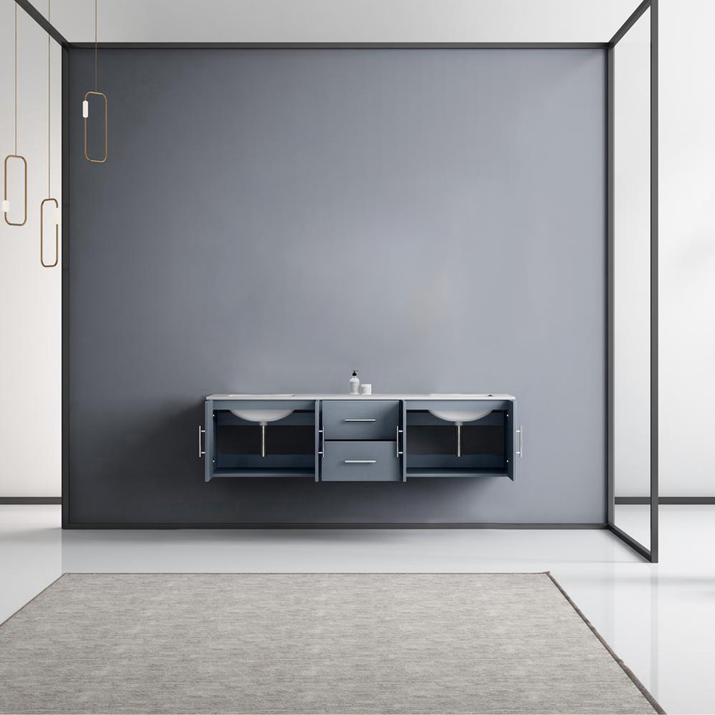 Geneva 72" Dark Grey Double Vanity, White Carrara Marble Top, White Square Sinks and no Mirror