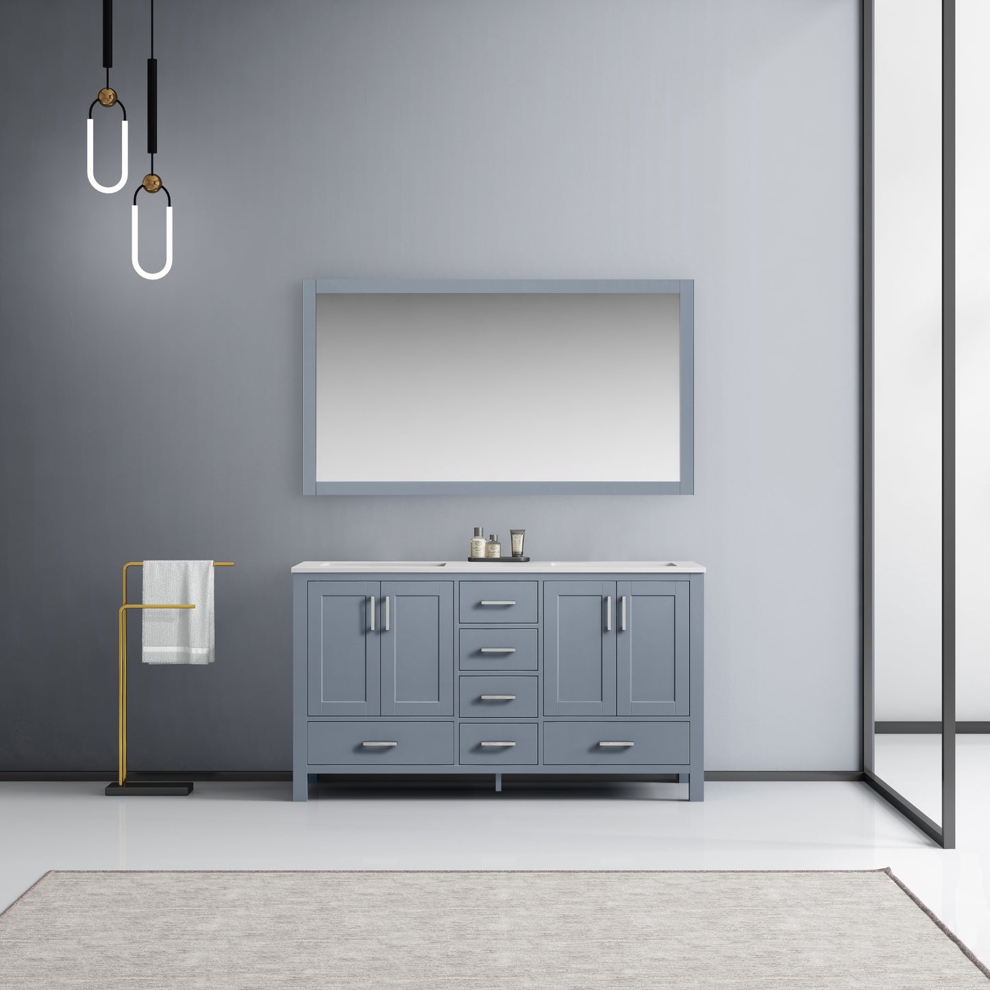 Jacques 60" Dark Grey Double Vanity, White Quartz Top, White Square Sinks and 58" Mirror