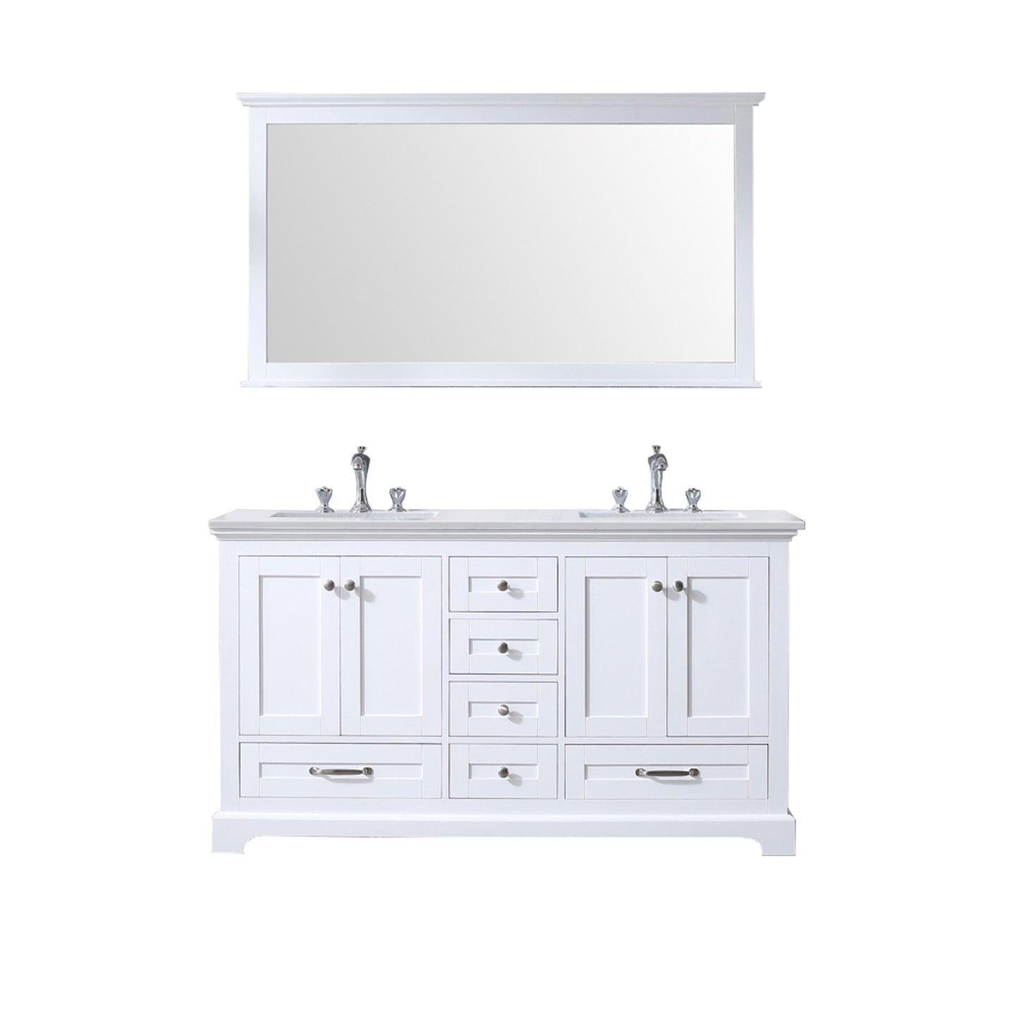 Dukes 60" White Double Vanity, White Quartz Top, White Square Sinks and 58" Mirror w/ Faucets