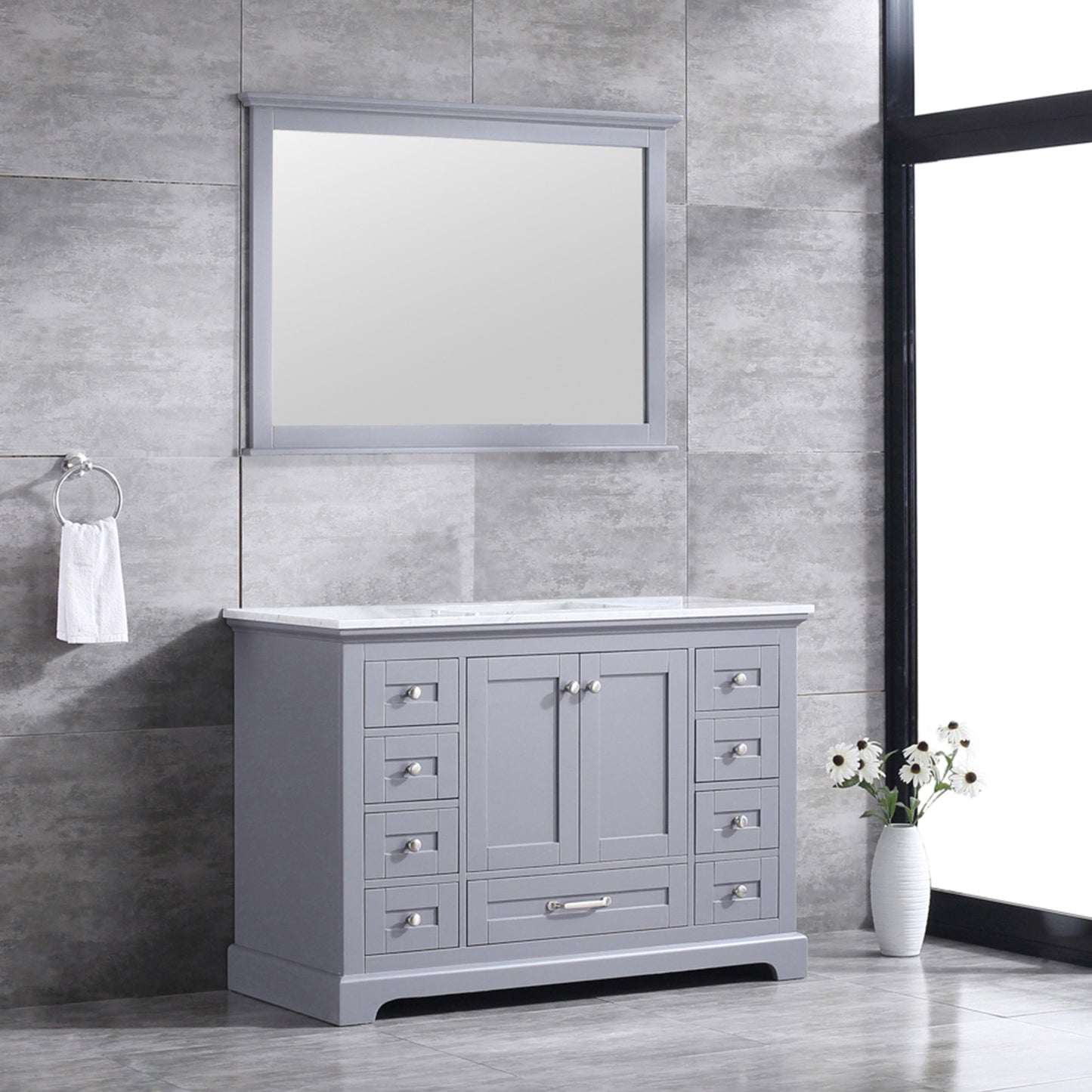 Dukes 48" Dark Grey Single Vanity, White Carrara Marble Top, White Square Sink and 46" Mirror