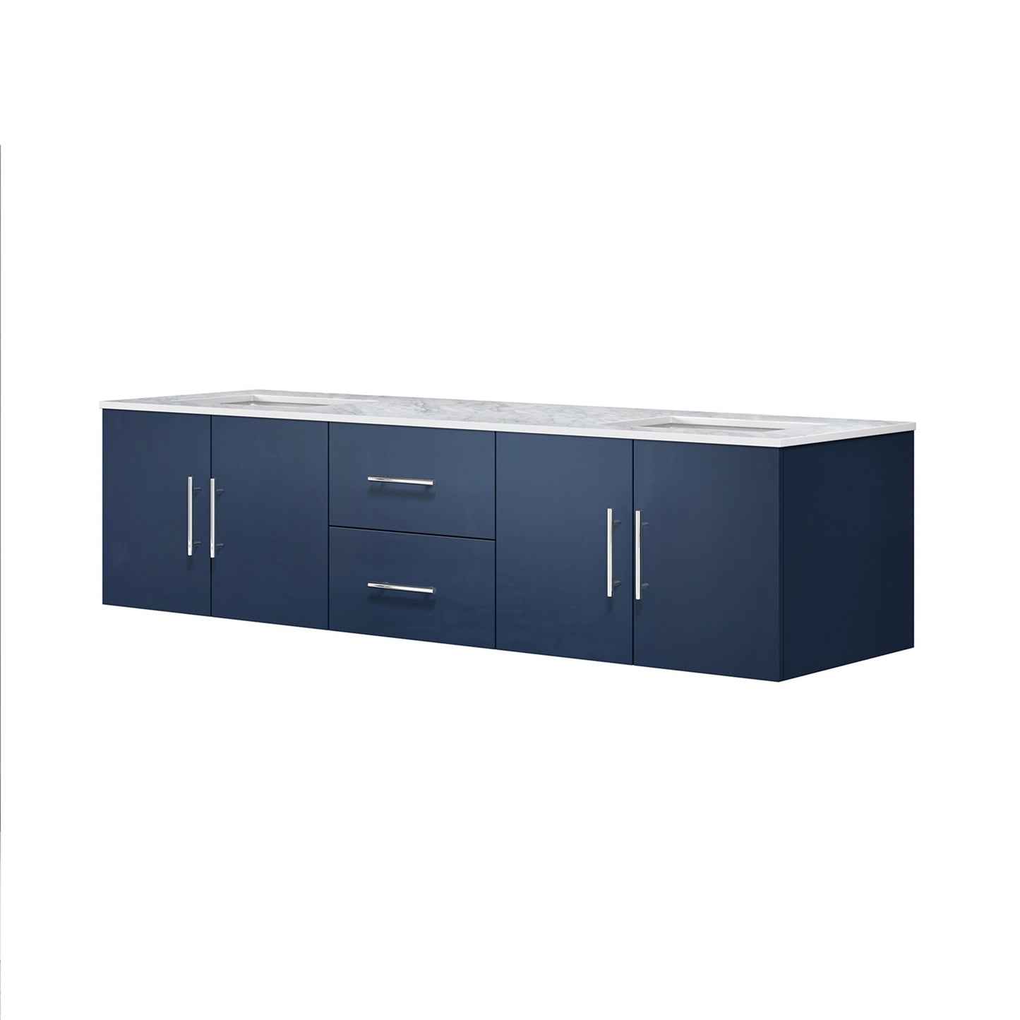 Geneva 72" Navy Blue Double Vanity, White Carrara Marble Top, White Square Sinks and no Mirror