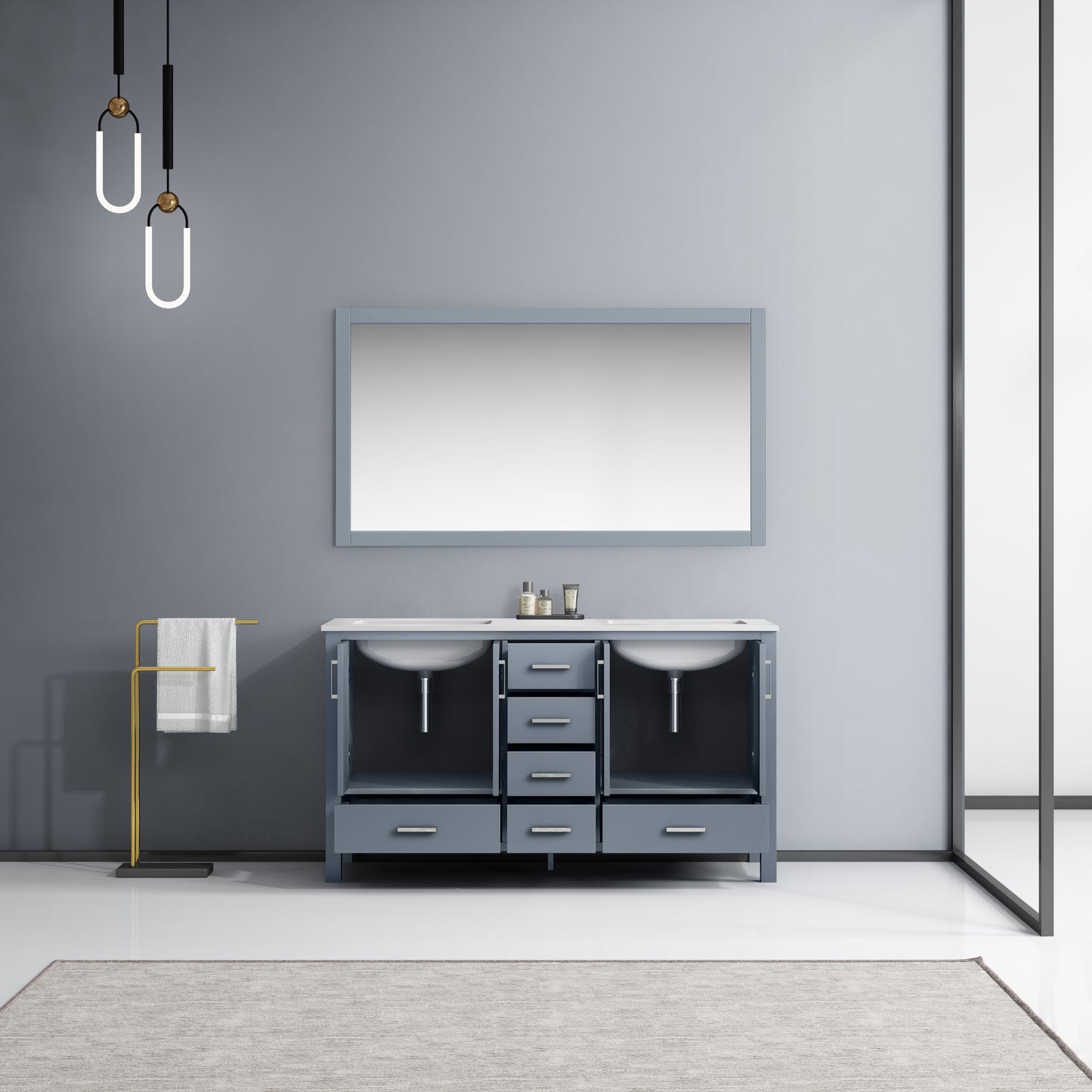 Jacques 60" Dark Grey Double Vanity, White Quartz Top, White Square Sinks and 58" Mirror