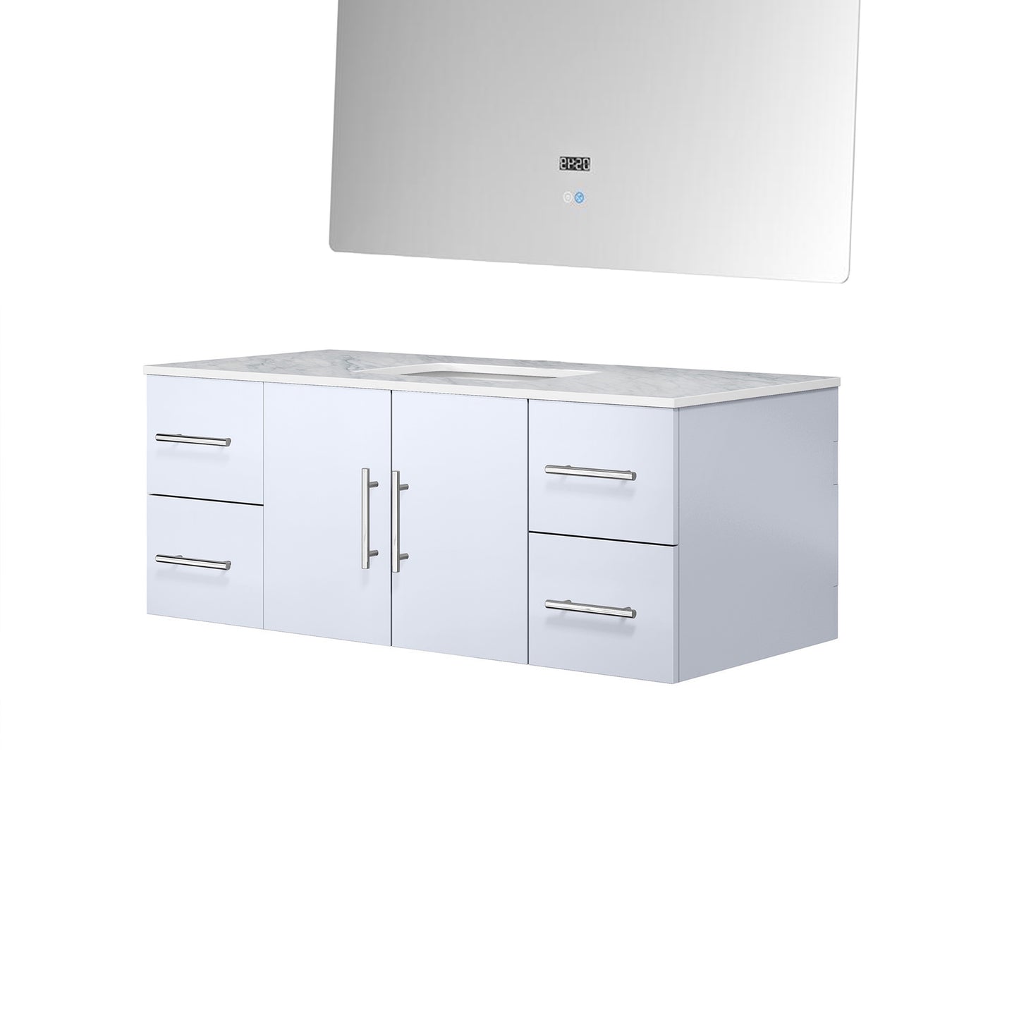 Geneva 48" Glossy White Single Vanity, White Carrara Marble Top, White Square Sink and 48" LED Mirror