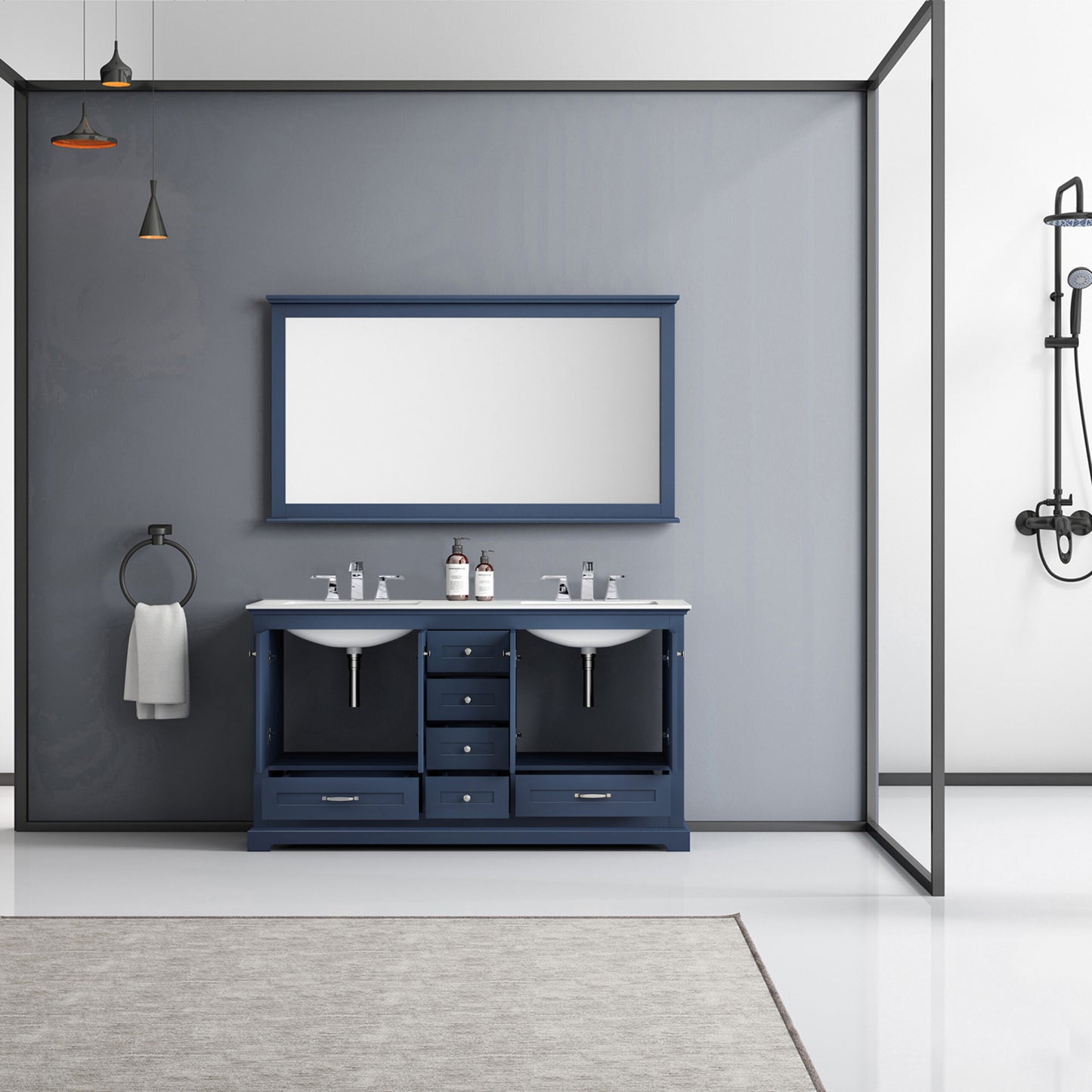 Dukes 60" Navy Blue Double Vanity, White Quartz Top, White Square Sinks and 58" Mirror