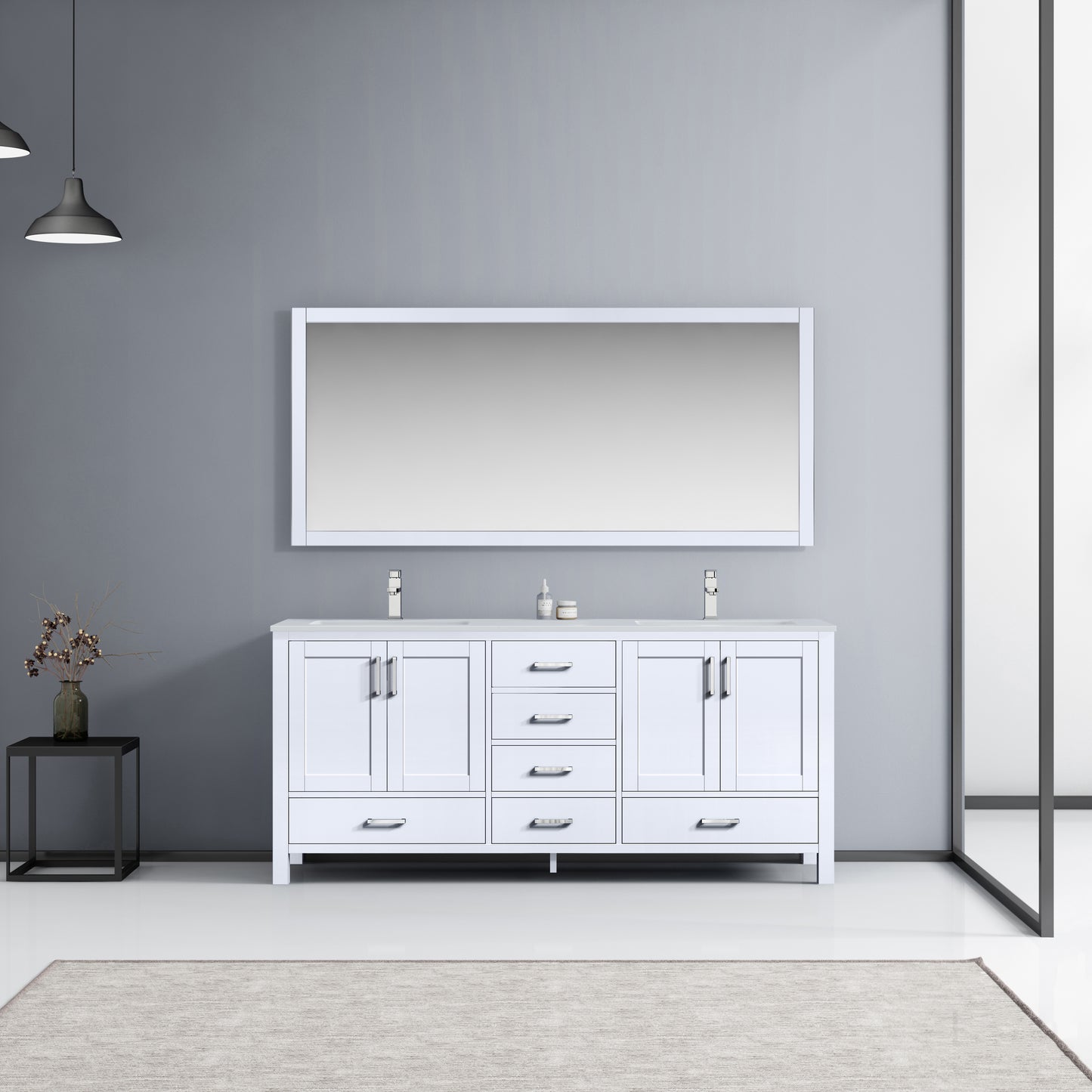 Jacques 72" White Double Vanity, White Quartz Top, White Square Sinks and 70" Mirror w/ Faucets