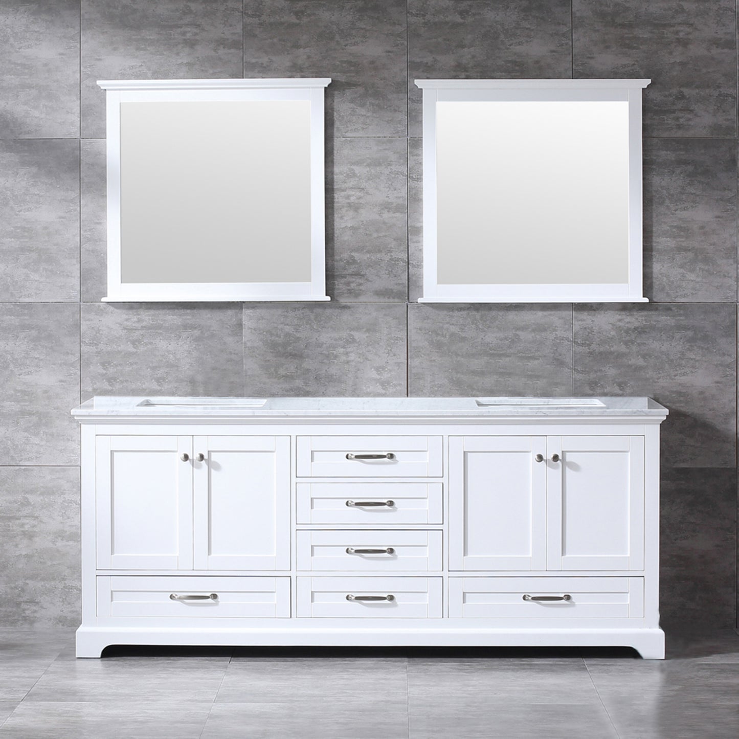 Dukes 80" White Double Vanity, White Carrara Marble Top, White Square Sinks and 30" Mirrors