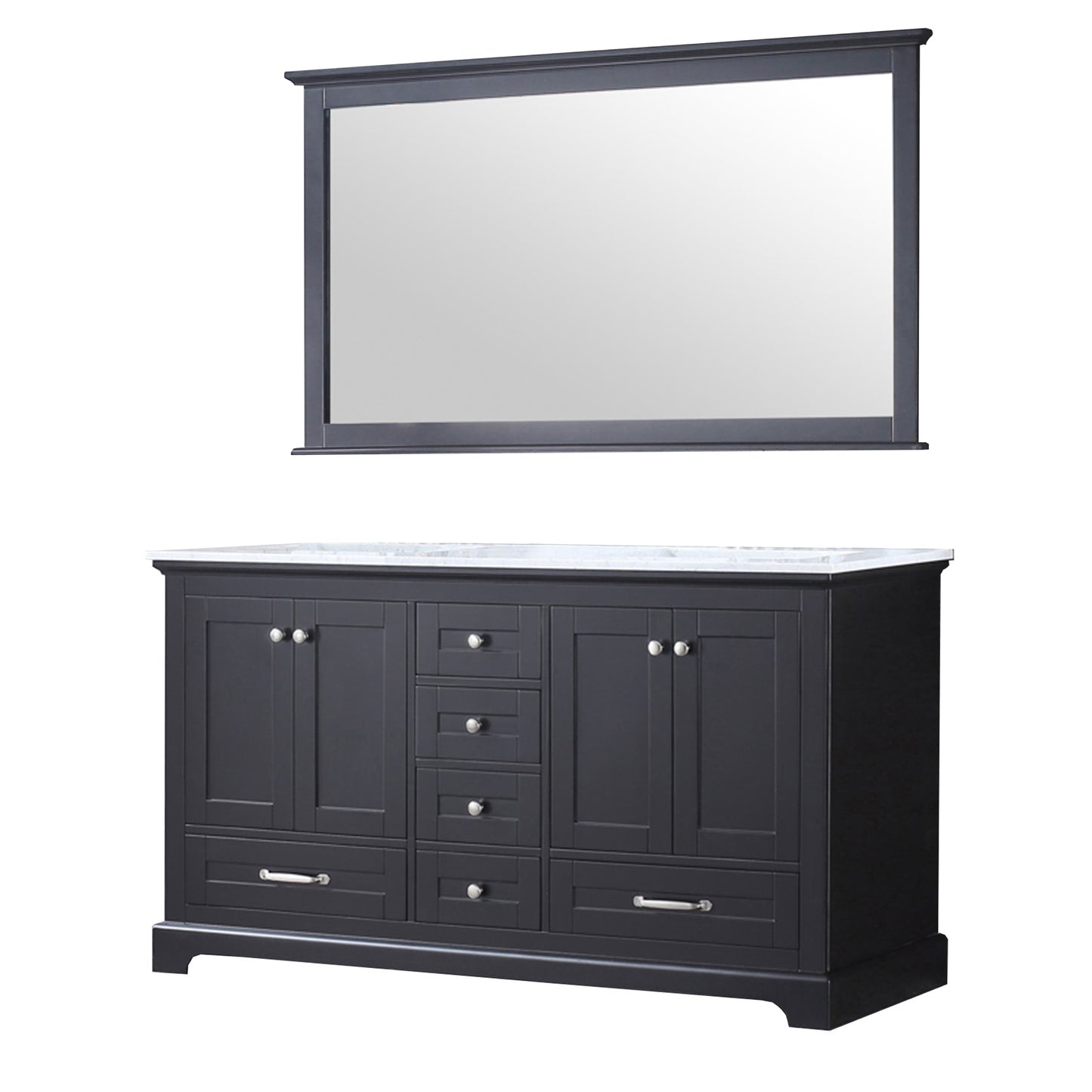 Dukes 60" Espresso Double Vanity, White Carrara Marble Top, White Square Sinks and 58" Mirror