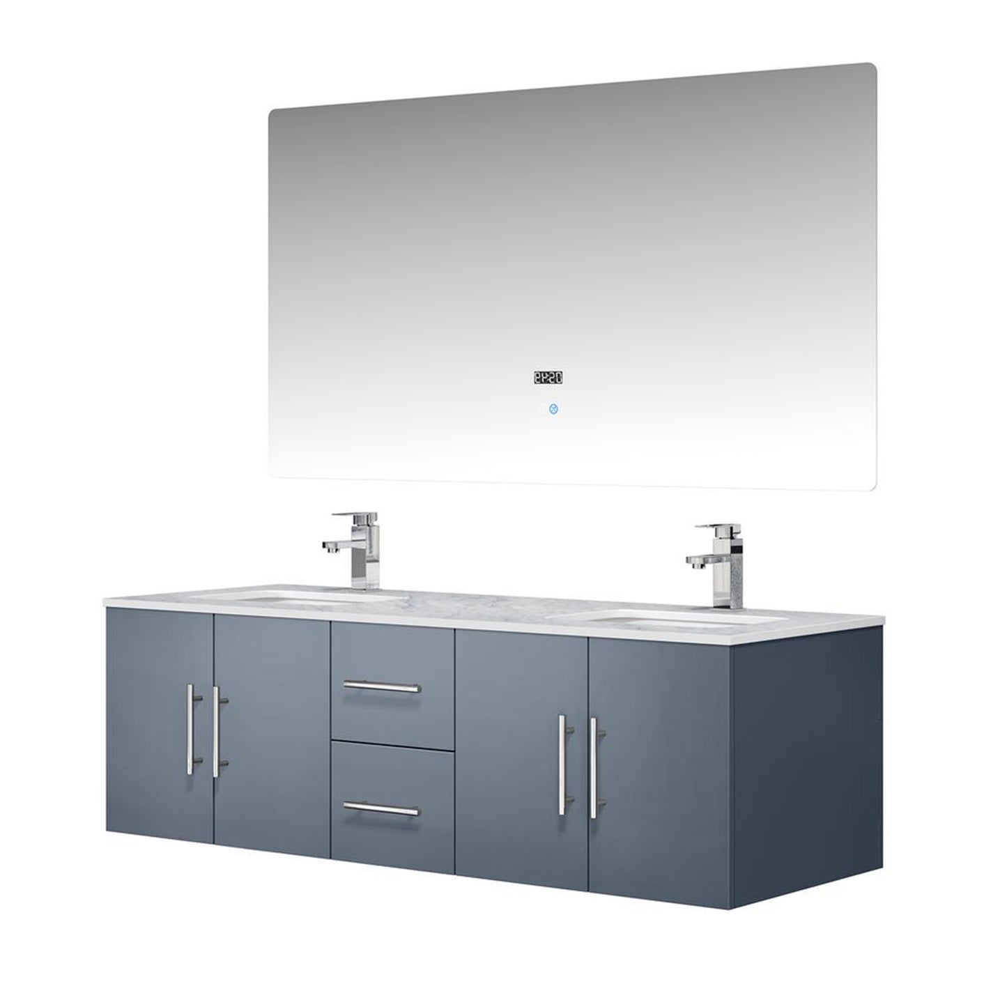 Geneva 60" Dark Grey Double Vanity, White Carrara Marble Top, White Square Sinks and 60" LED Mirror w/ Faucets