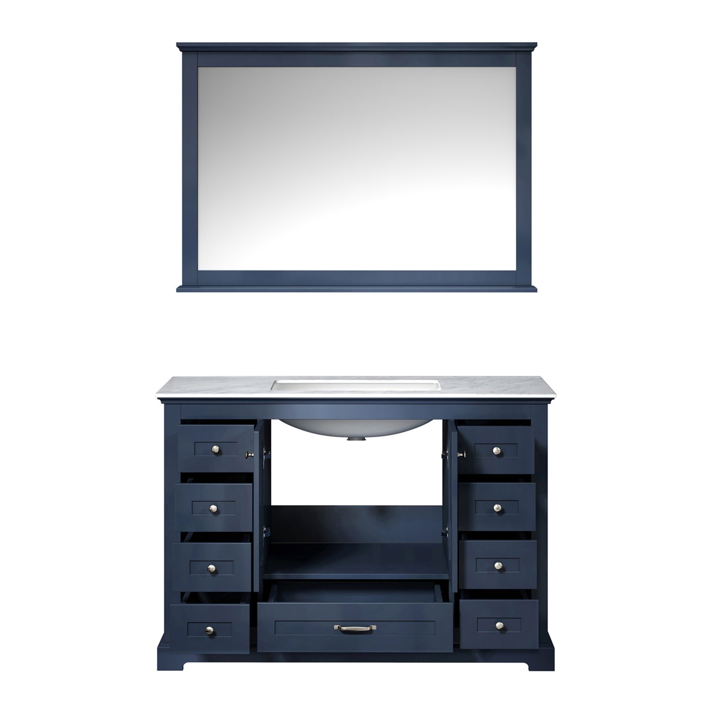 Dukes 48" Navy Blue Single Vanity, White Carrara Marble Top, White Square Sink and 46" Mirror