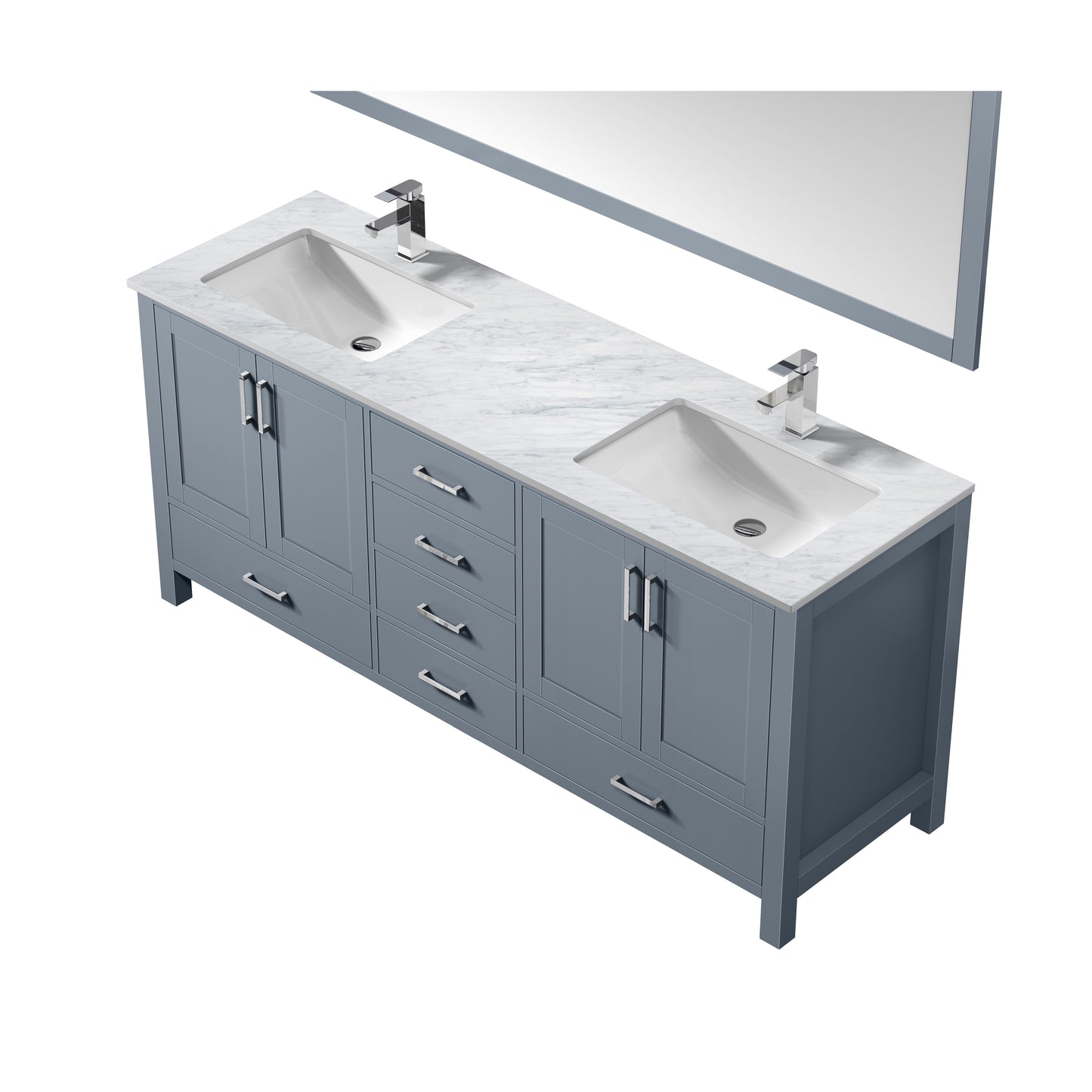 Jacques 72" Dark Grey Double Vanity, White Carrara Marble Top, White Square Sinks and 70" Mirror w/ Faucets