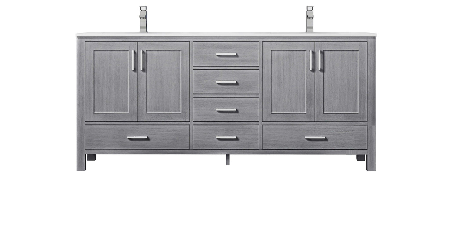 Jacques 72" Distressed Grey Double Vanity, White Quartz Top, White Square Sinks and no Mirror