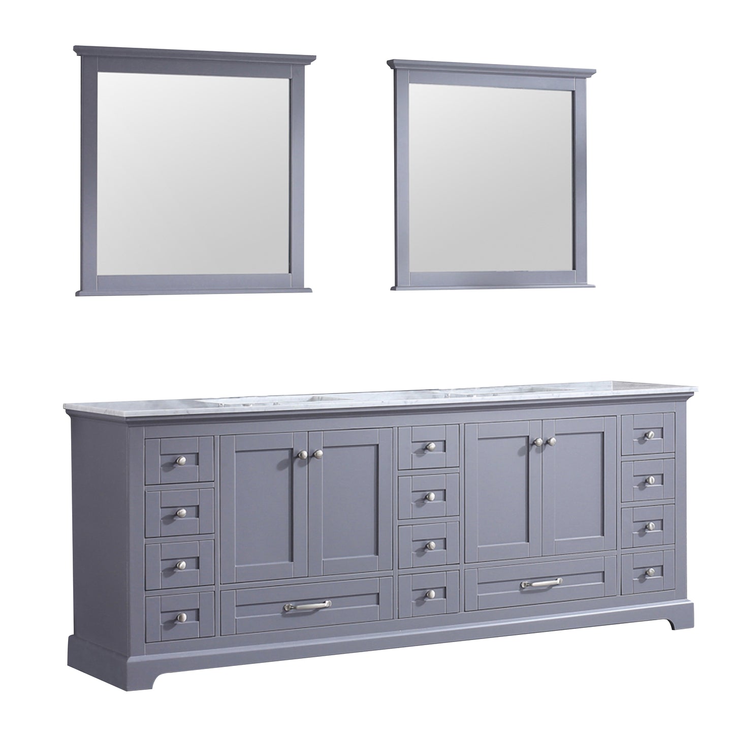 Dukes 84" Dark Grey Double Vanity, White Carrara Marble Top, White Square Sinks and 34" Mirrors