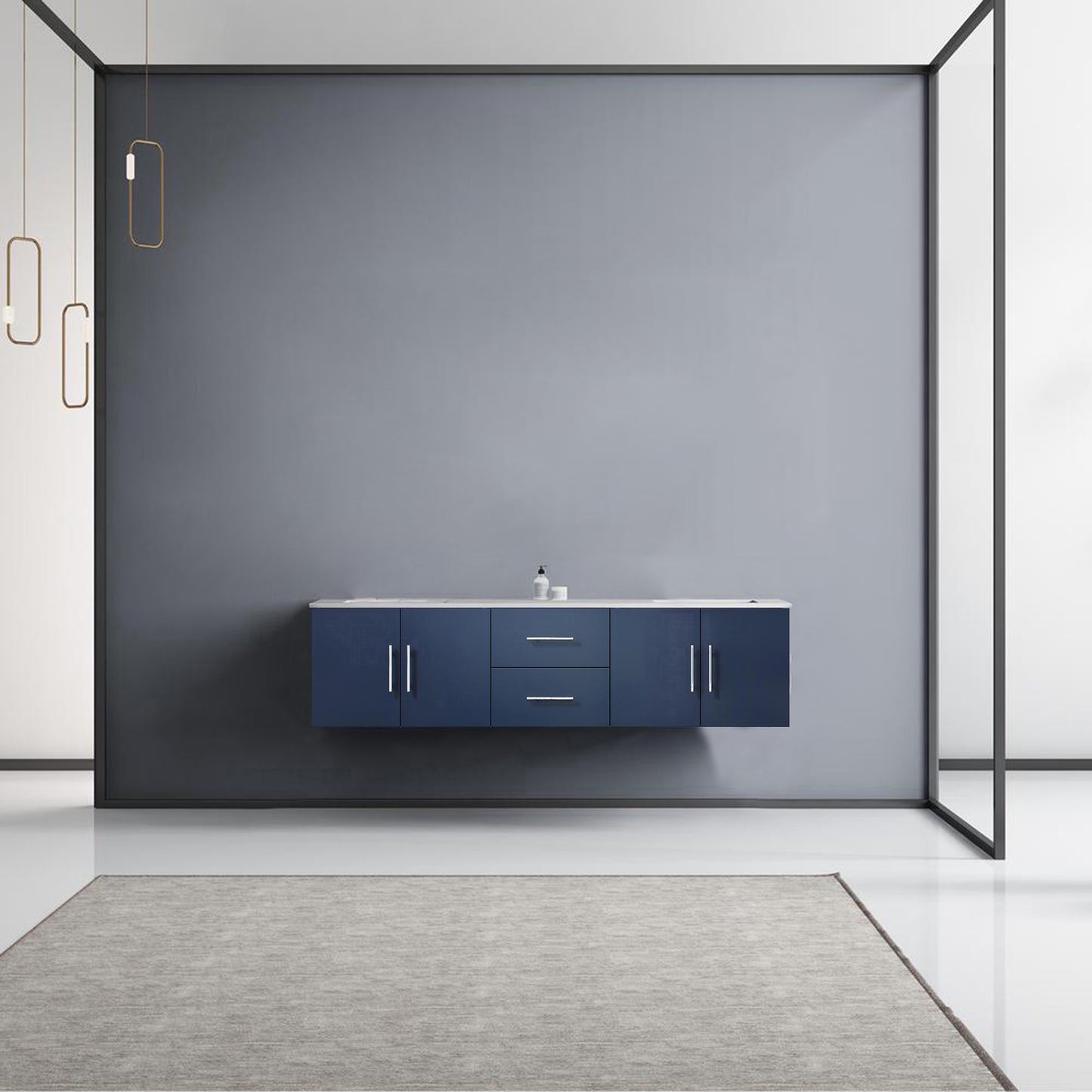 Geneva 72" Navy Blue Double Vanity, White Carrara Marble Top, White Square Sinks and no Mirror