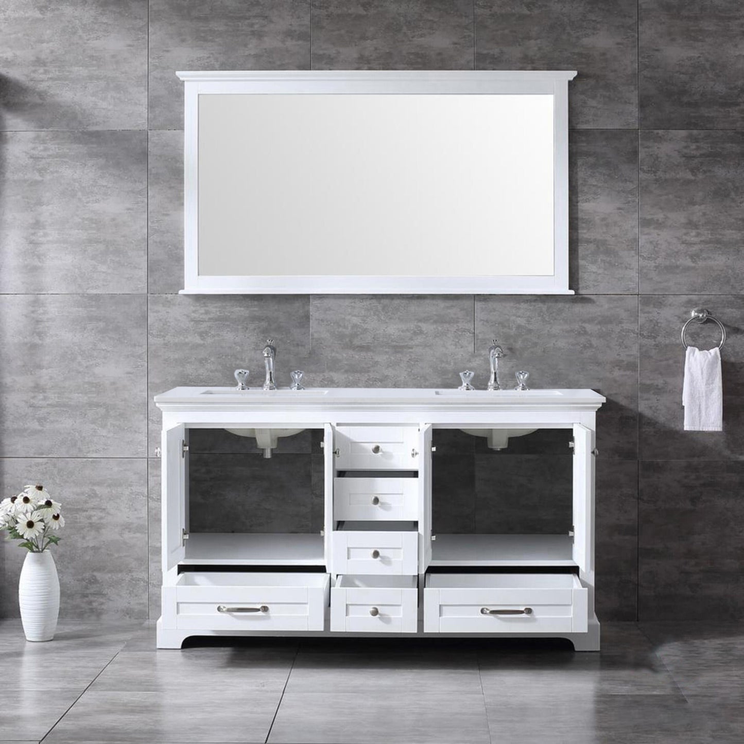 Dukes 60" White Double Vanity, White Quartz Top, White Square Sinks and 58" Mirror w/ Faucets