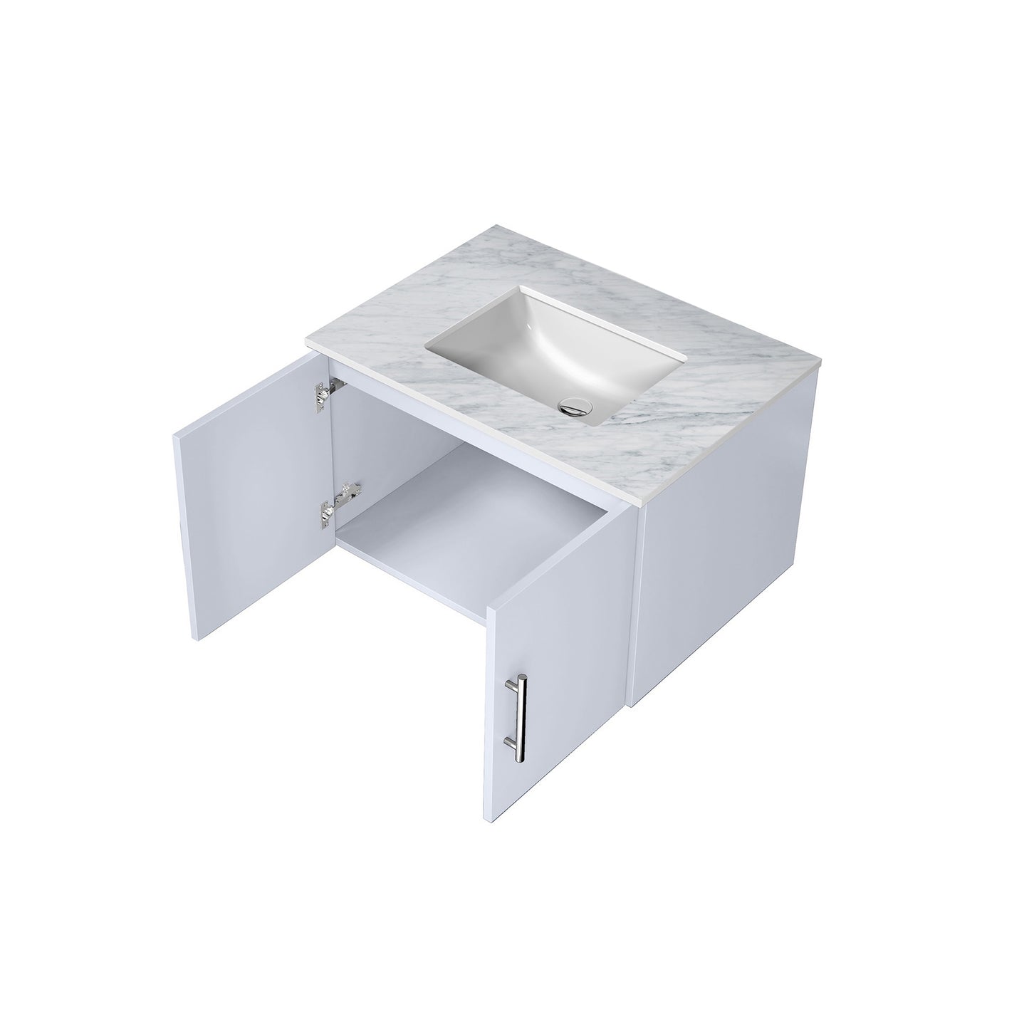 Geneva 30" Glossy White Single Vanity, White Carrara Marble Top, White Square Sink and no Mirror