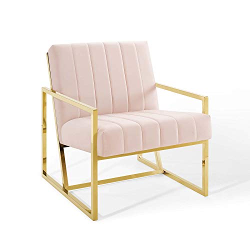 Modway Inspire Collection EEI-3914-PNK Accent Armchair with Dense Foam Padding Geometric Polished Gold Stainless Steel Base and Stain-Resistant Velvet Polyester Fabric Upholstery in Pink Color