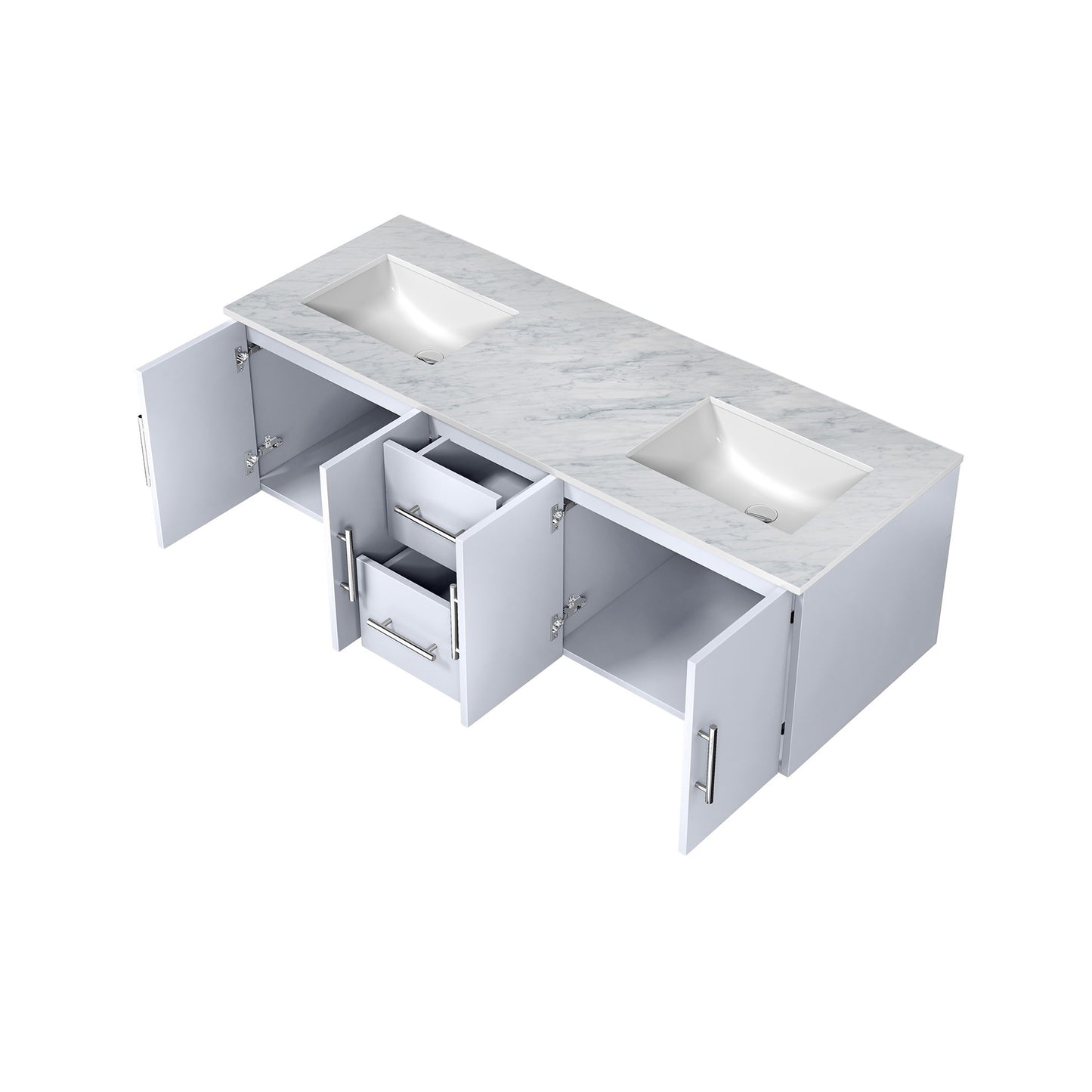 Geneva 60" Glossy White Double Vanity, White Carrara Marble Top, White Square Sinks and no Mirror