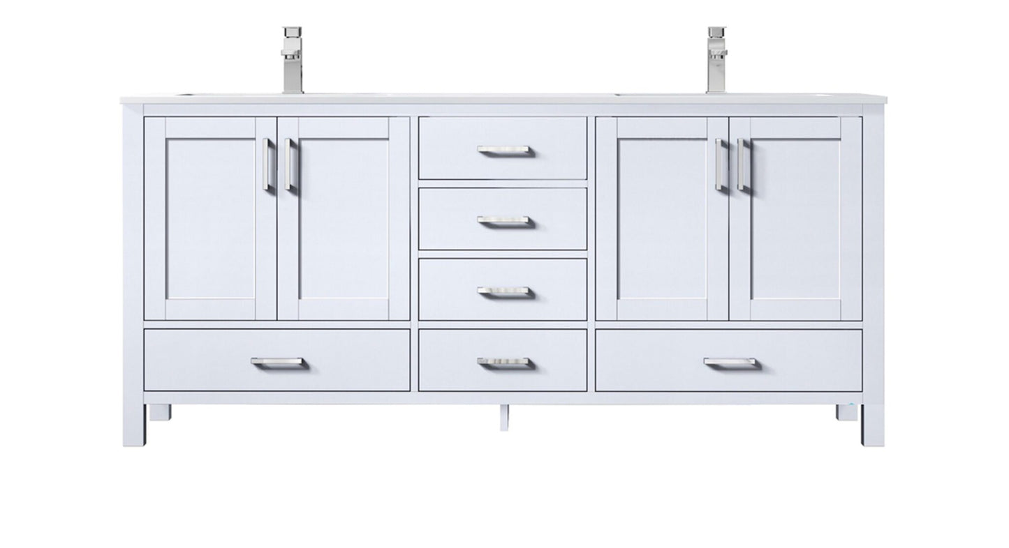 Jacques 72" White Double Vanity, White Quartz Top, White Square Sinks and no Mirror