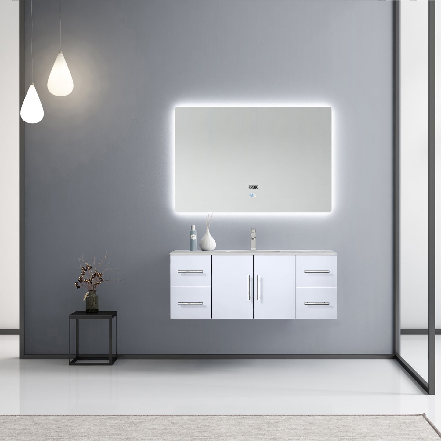 Geneva 48" Glossy White Single Vanity, White Carrara Marble Top, White Square Sink and 48" LED Mirror w/ Faucet