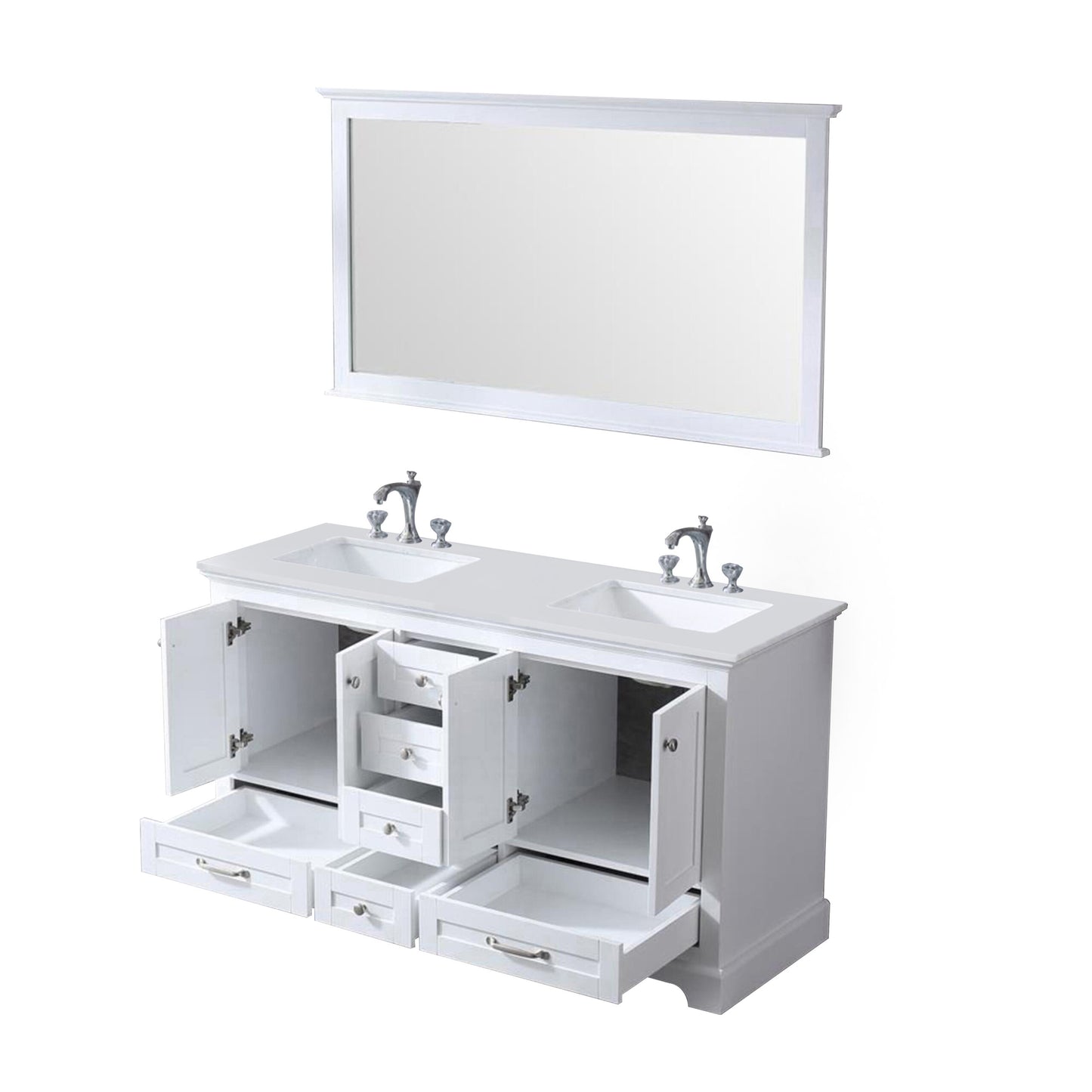 Dukes 60" White Double Vanity, White Quartz Top, White Square Sinks and 58" Mirror w/ Faucets