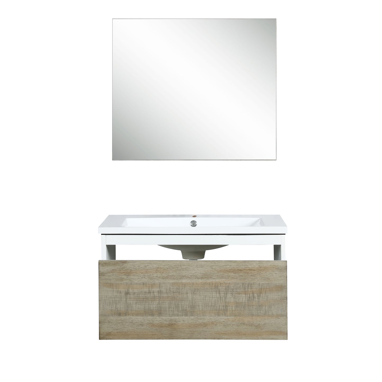 Scopi 30" Rustic Acacia Bathroom Vanity, Acrylic Composite Top with Integrated Sink, and 28" Frameless Mirror