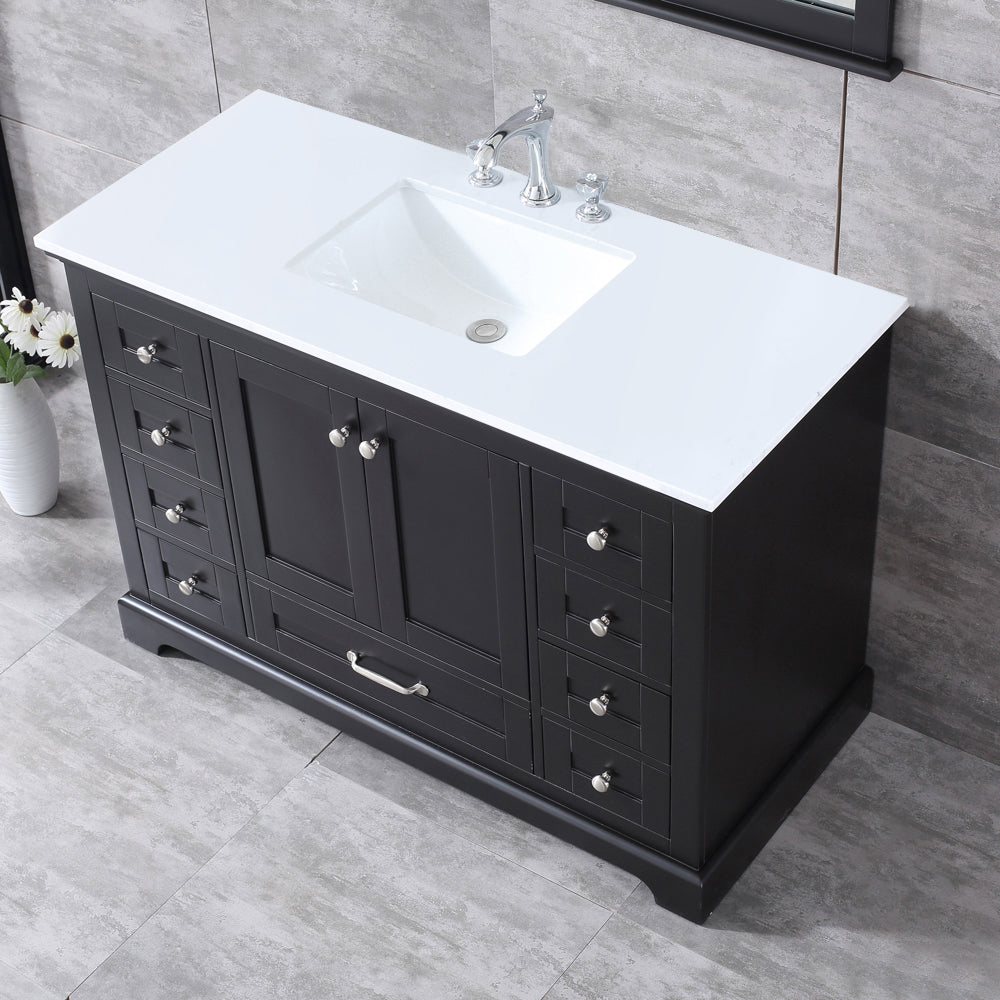 Dukes 48" Espresso Single Vanity, White Quartz Top, White Square Sink and 46" Mirror w/ Faucet