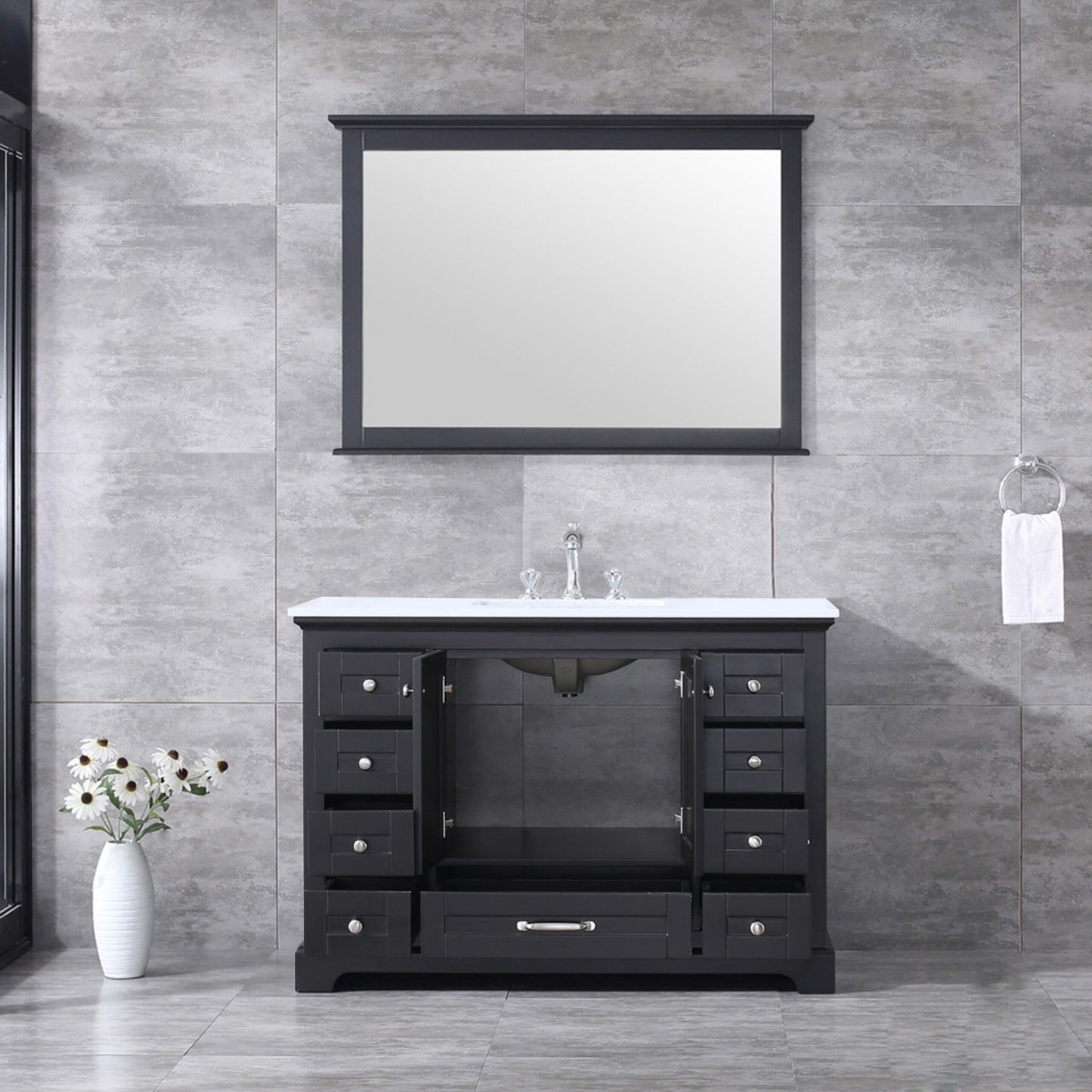 Dukes 48" Espresso Single Vanity, White Quartz Top, White Square Sink and 46" Mirror w/ Faucet