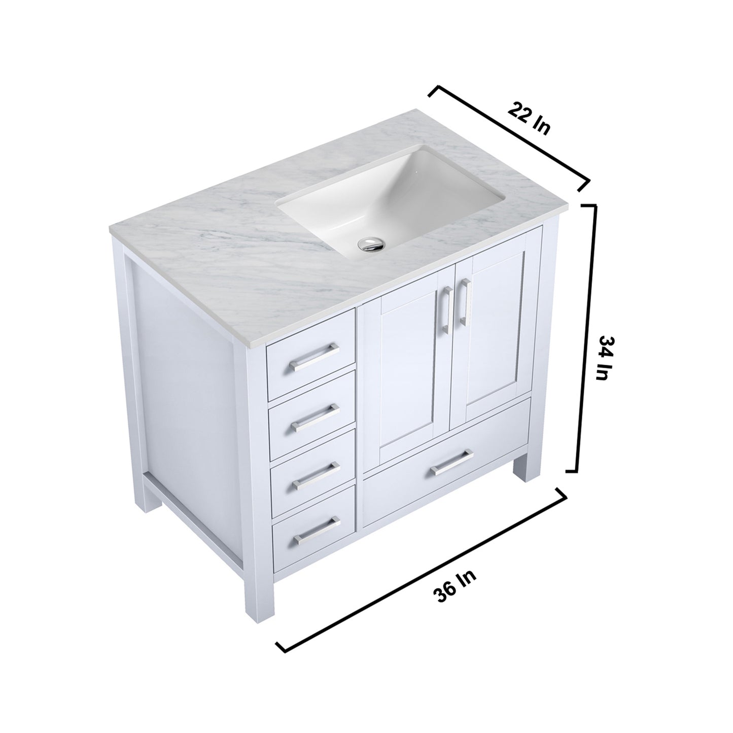 Jacques 36" White Single Vanity, White Carrara Marble Top, White Square Sink and 34" Mirror - Right Version