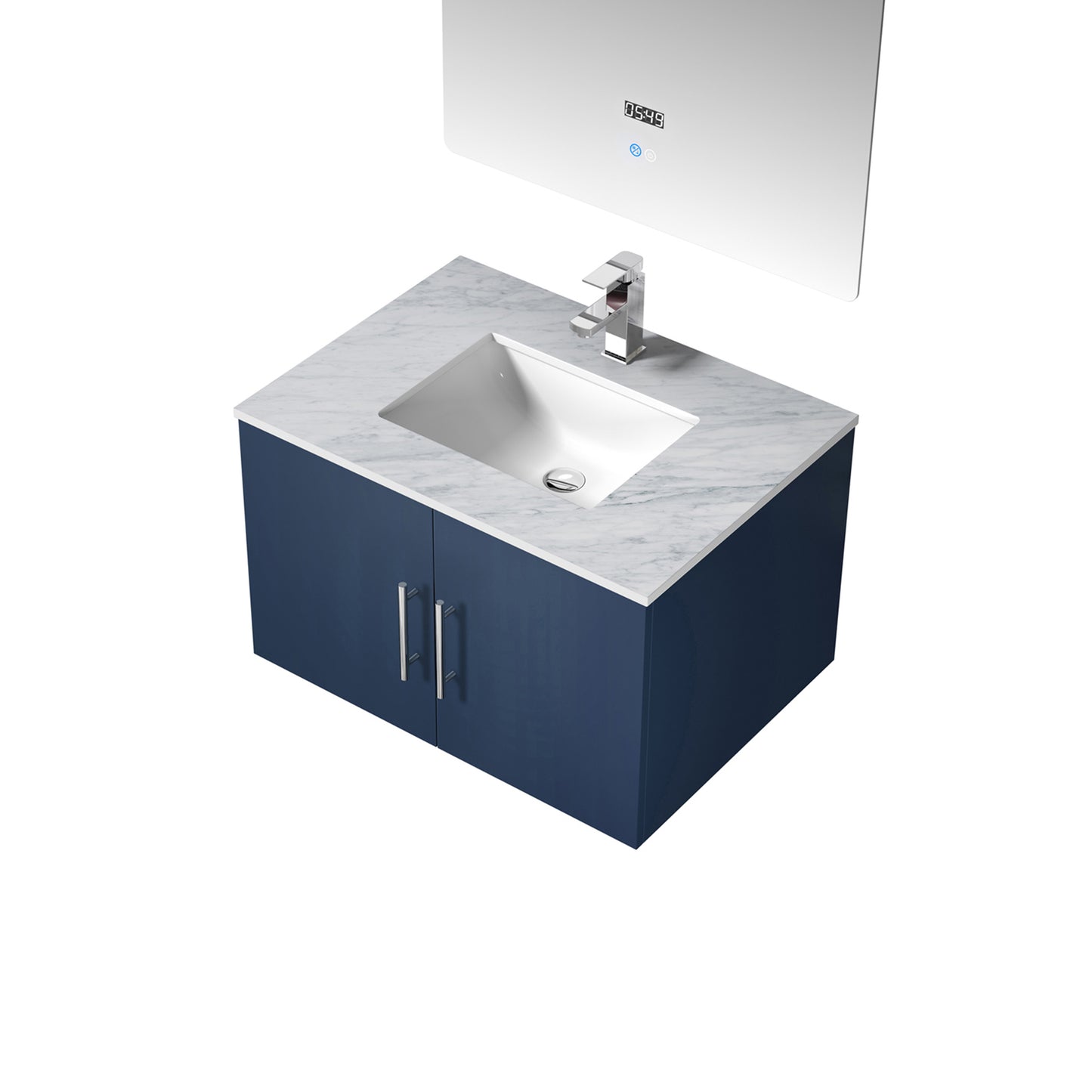 Geneva 30" Navy Blue Single Vanity, White Carrara Marble Top, White Square Sink and 30" LED Mirror w/ Faucet