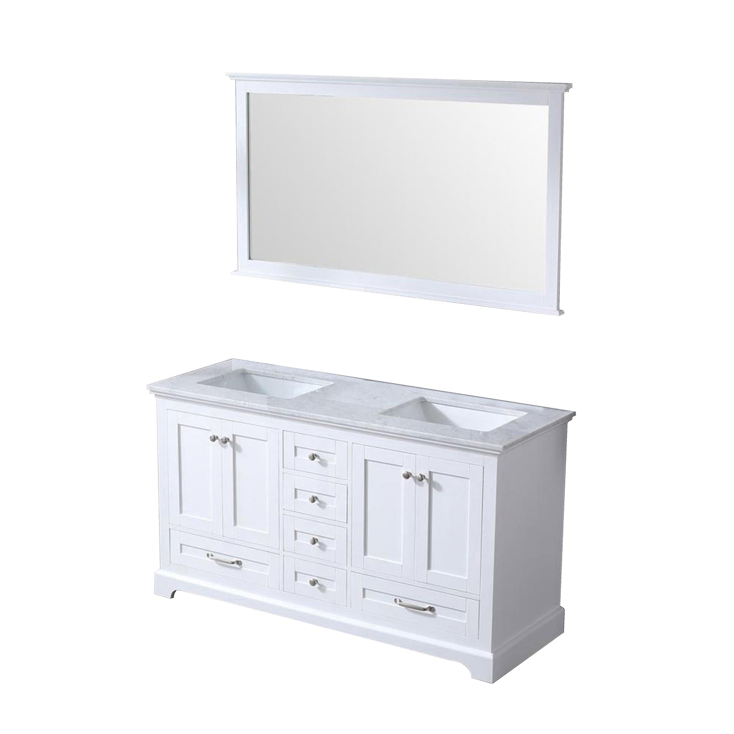 Dukes 60" White Double Vanity, White Carrara Marble Top, White Square Sinks and 58" Mirror