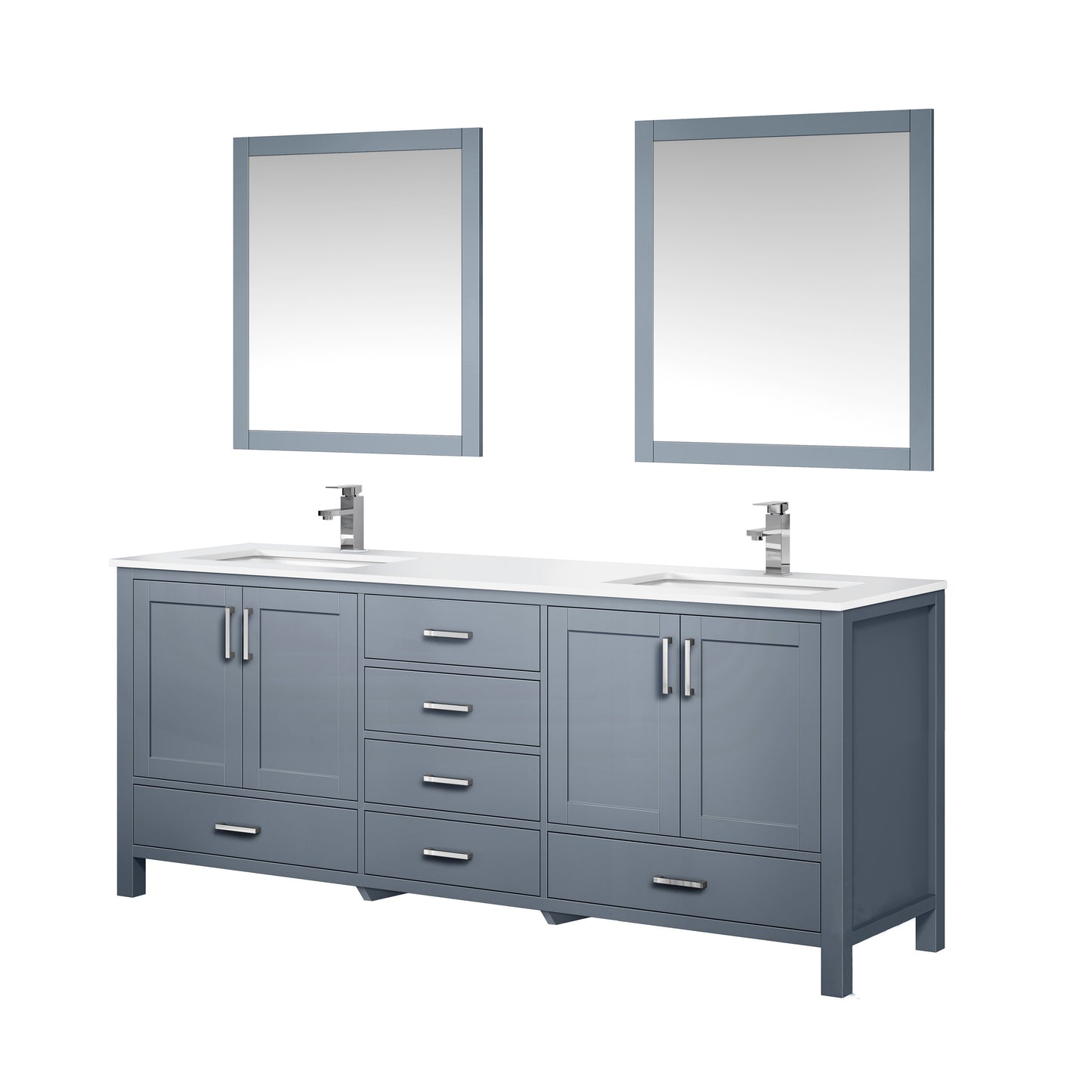 Jacques 80" Dark Grey Double Vanity, White Quartz Top, White Square Sinks and 30" Mirrors w/ Faucets