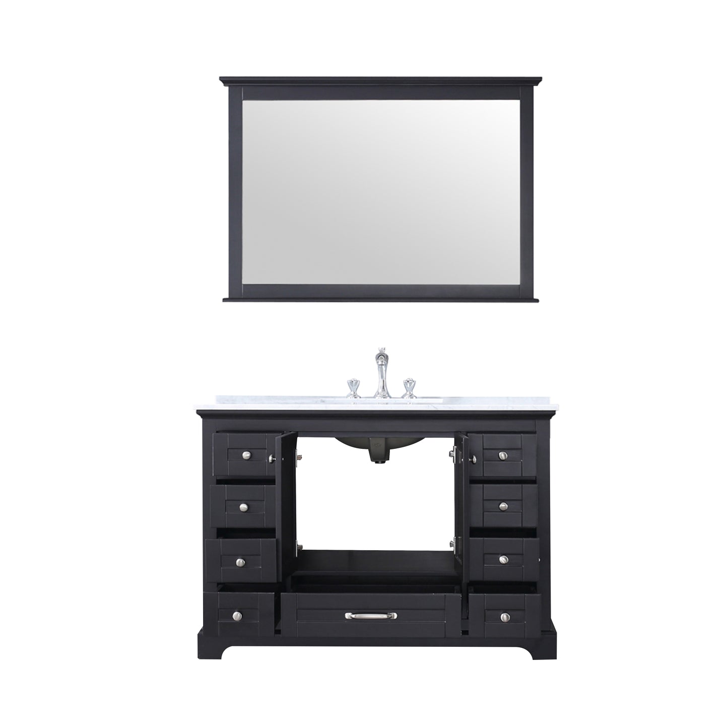 Dukes 48" Espresso Single Vanity, White Carrara Marble Top, White Square Sink and 46" Mirror w/ Faucet