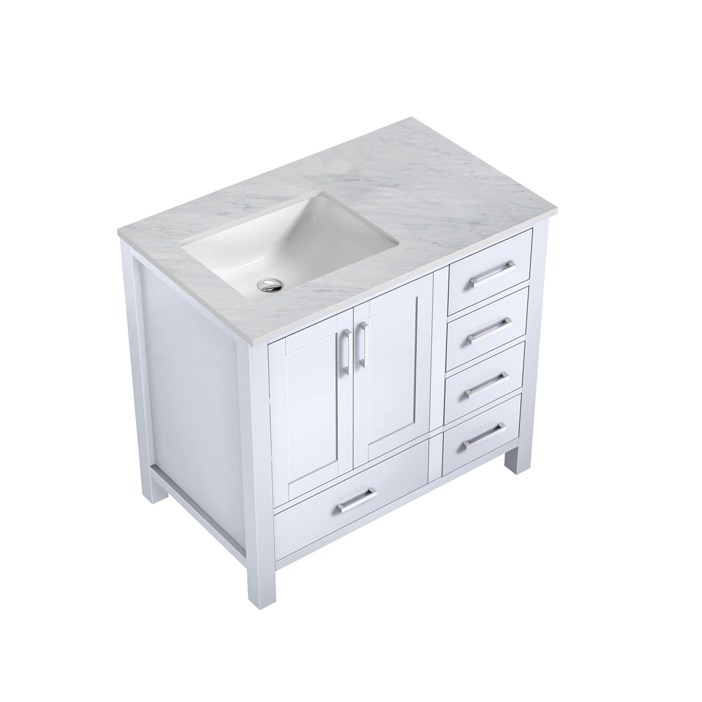 Jacques 36" White Single Vanity, White Carrara Marble Top, White Square Sink and no Mirror - Left Version