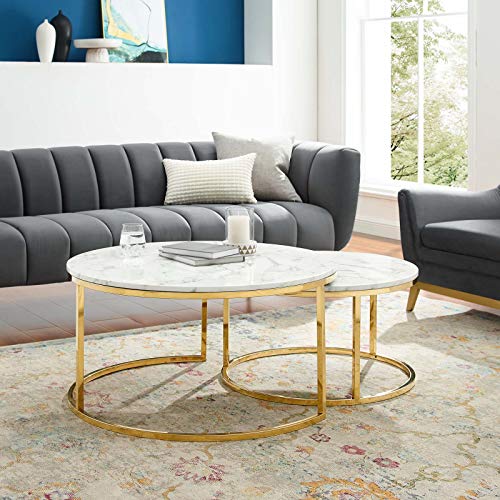 Modway Ravenna Artificial Marble Coffee Table in Gold White, 35.5 x 35.5 x 18