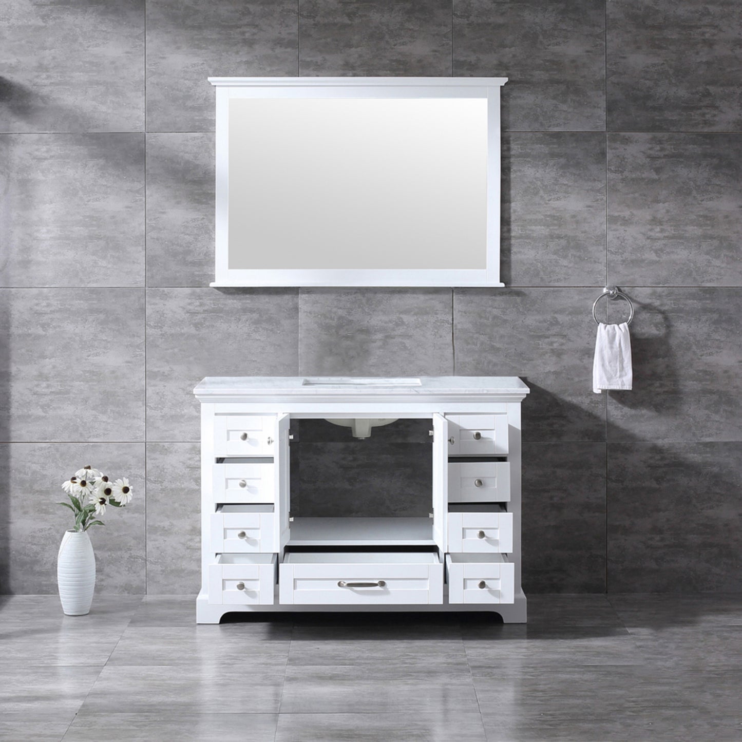 Dukes 48" White Single Vanity, White Carrara Marble Top, White Square Sink and 46" Mirror