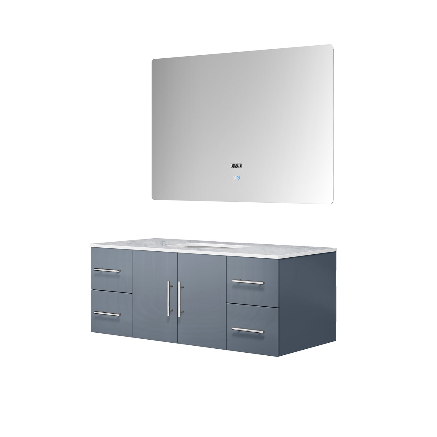 Geneva 48" Dark Grey Single Vanity, White Carrara Marble Top, White Square Sink and 48" LED Mirror