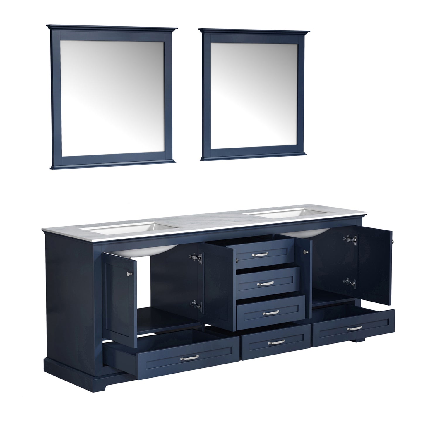 Dukes 80" Navy Blue Double Vanity, White Carrara Marble Top, White Square Sinks and 30" Mirrors