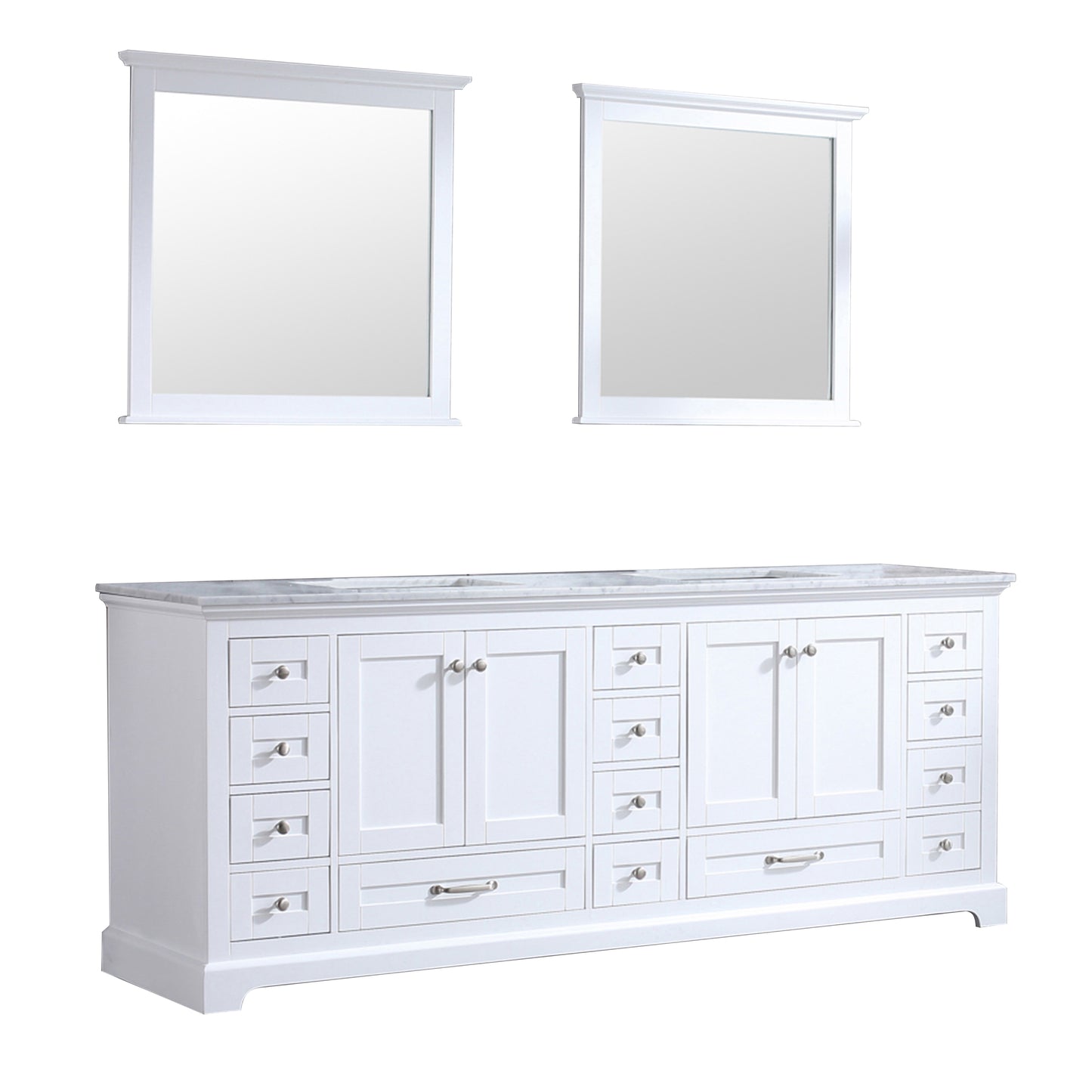 Dukes 84" White Double Vanity, White Carrara Marble Top, White Square Sinks and 34" Mirrors